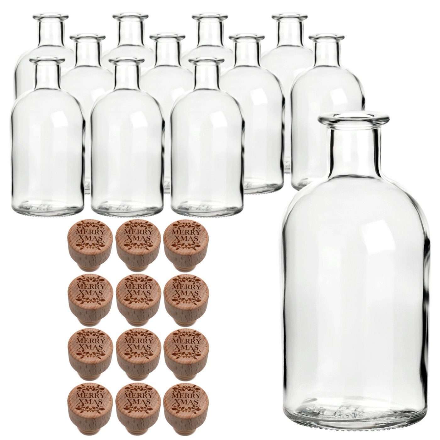 gouveo Trinkflasche 12x Glasflasche 250 ml Apotheker mit “Weihnachten” Holzgriffkorken, Merry Christmas - Korken