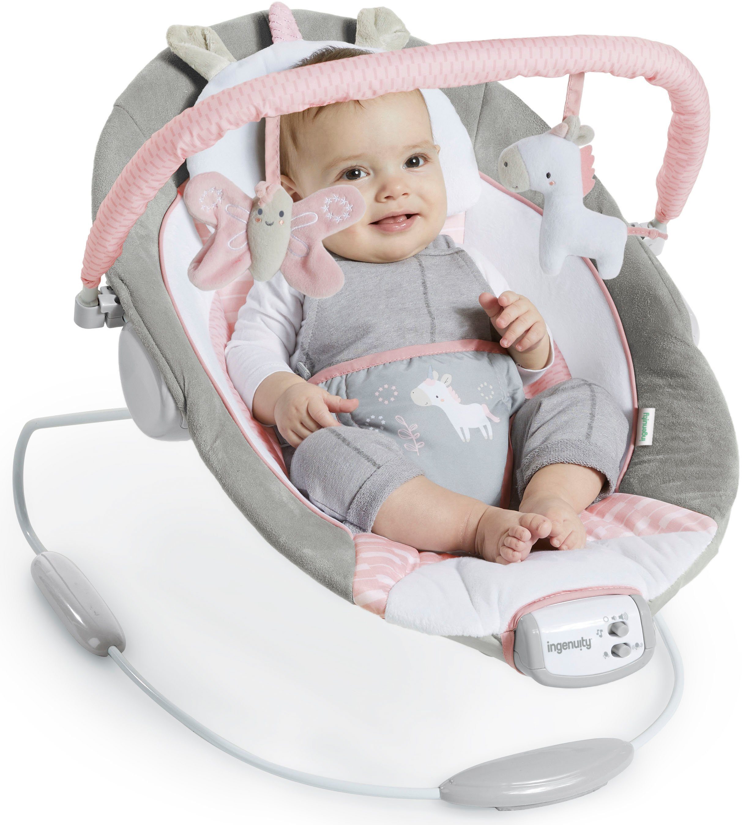 ingenuity Baby Bouncer Soothing Bouncer, Flora the Unicorn, with vibration and melodies
