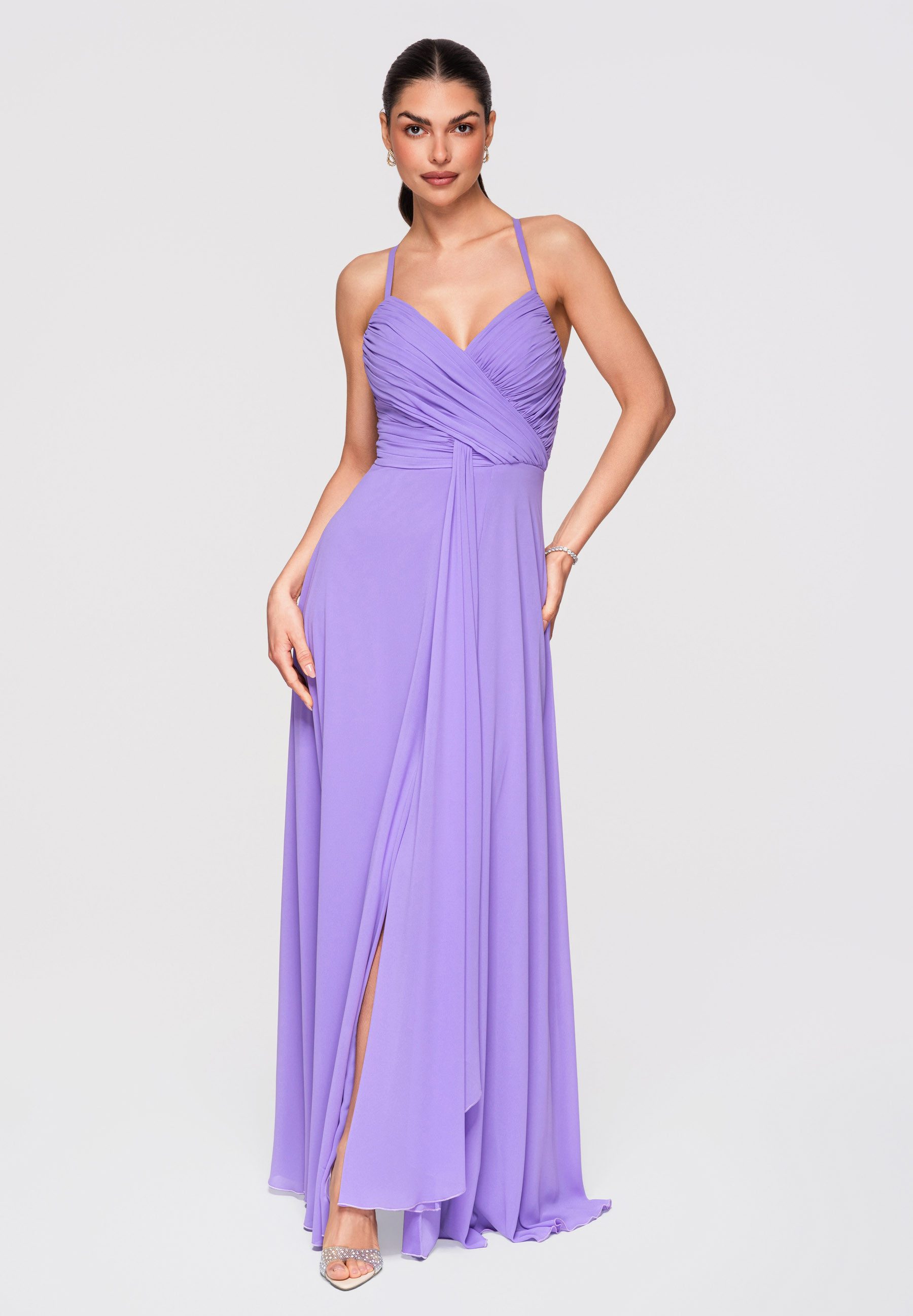 OMBRE Abendkleid Damen Maxikleid Chiffon Abendkleid Elegant Violett S (kein Set, 1-tlg) Raffungen, Rückenausschnitt mit Schnürung