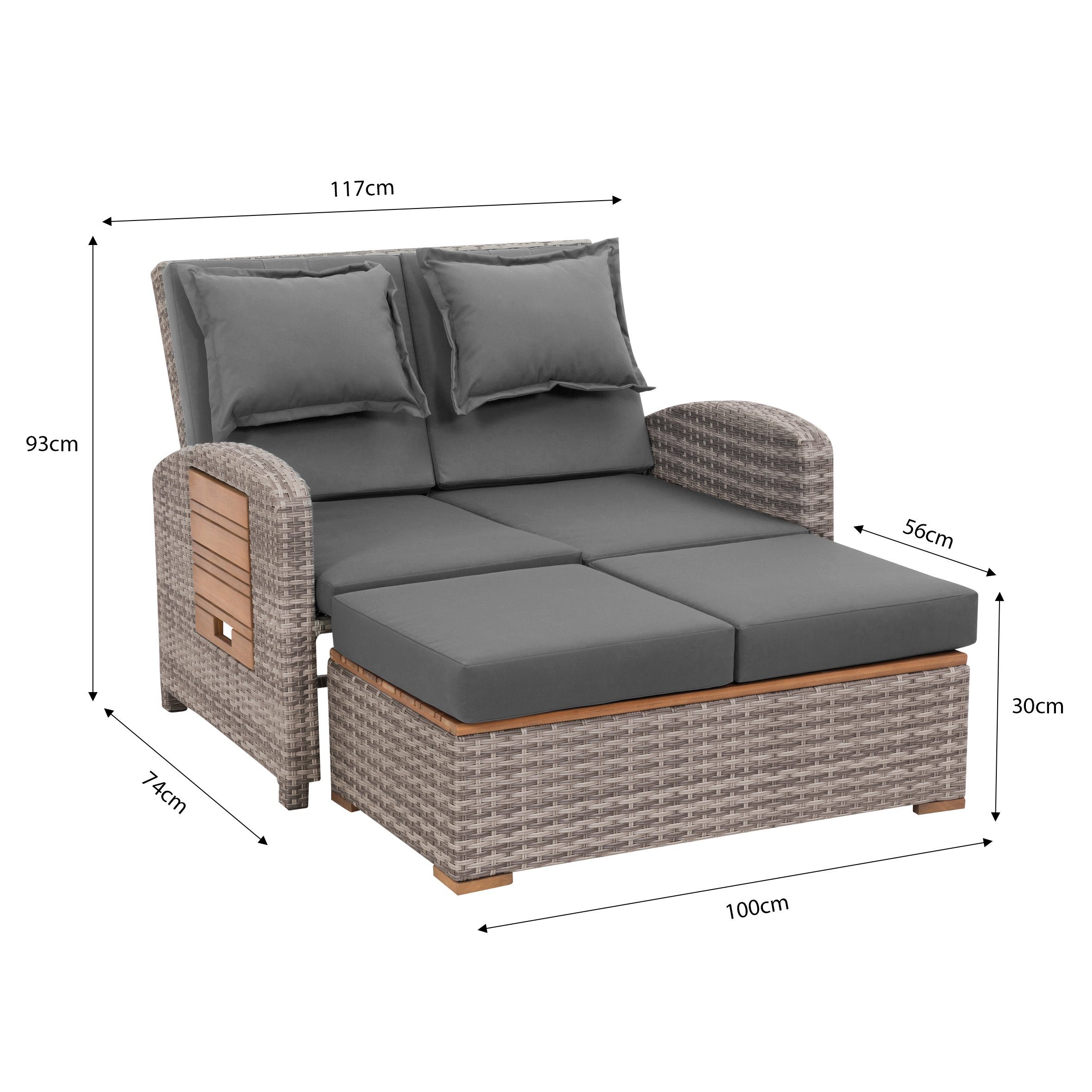 Greemotion Loungeset Gartensofa mit Liegefunktion [Bahia Tobago] 2-Sitzer Rattan wetterfest