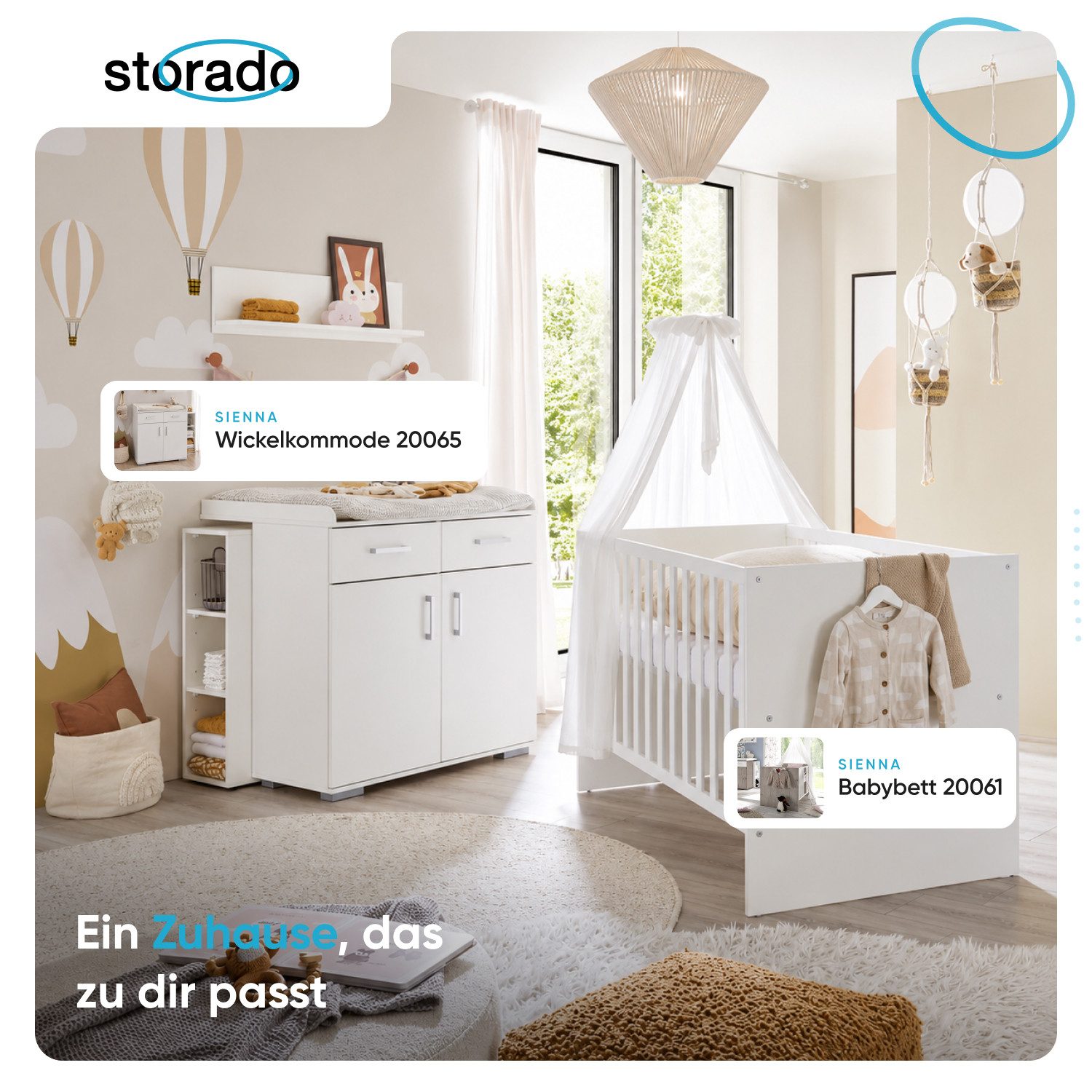 Storado Bettanlage Sienna 2-teilig 70×140cm, Kinderzimmer-Set, Farbe wählbar, Mitwachsendes Babybett, Wickelkommode und geräumiger Schrank