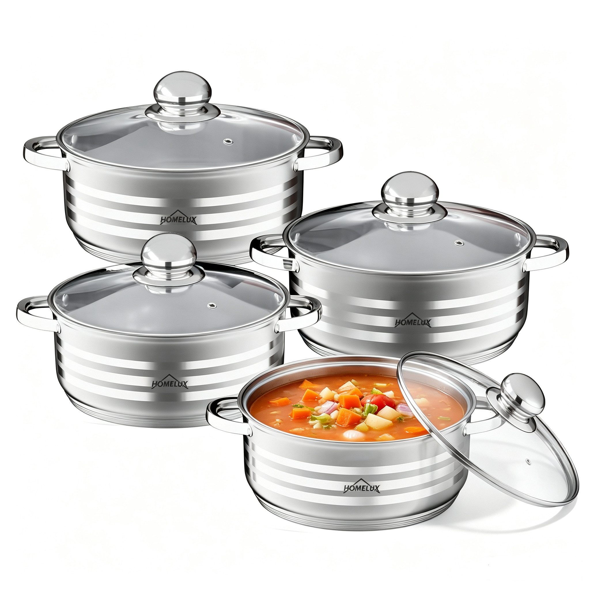 HOMELUX Topf-Set 8/10tlg Edelstahl Topfsets für alle Herdarten, Edelstahl (1,6/2,3/3,1/3,4/4,2/4,5/5,8/6,3/7,3 Liter, 4-tlg., für alle Herdarten), Induktion, mit Glasdeckel