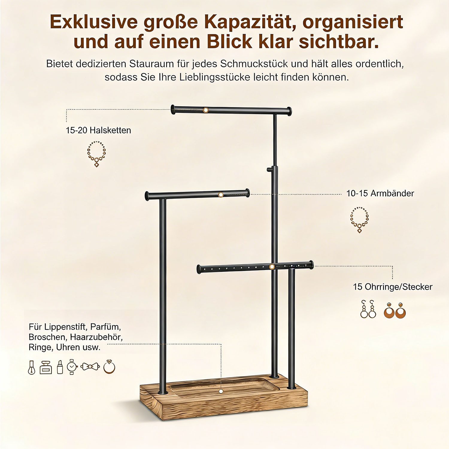 SURFOU Schmuckständer Schmuckständer 3 Ebenen Metall Holz Schmuck Organizer Verstellbar (Schmucktablett, Schmuckhalter, Schmuckaufbewahrung, ausziehbarer Kettenhalter für Ringe Ohrringe Ketten Armbänder, 1 St), 3-stufiges Design, Höhenverstellbar bis ca. 32 cm, Drehbare T-Stangen
