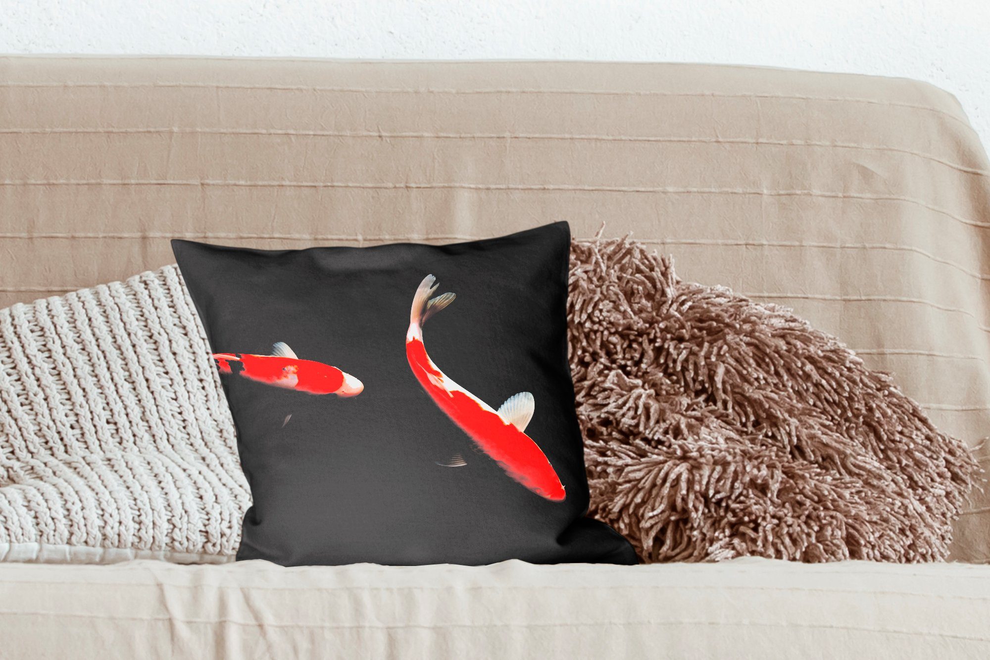 Schlafzimmer, Wohzimmer, Deko, Koi-Karpfen auf für Sofakissen mit bunte schwarzem Füllung Zwei MuchoWow Hintergrund, Zierkissen Dekokissen