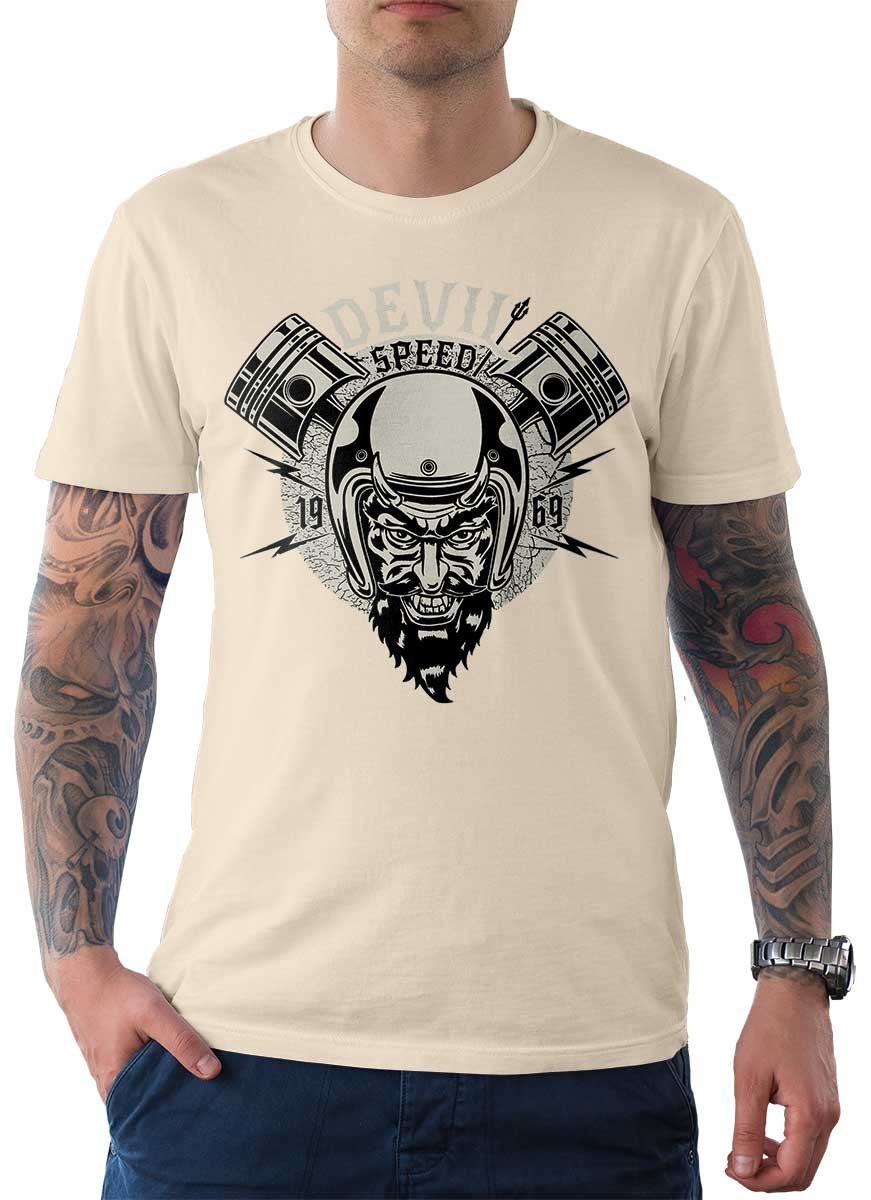 Rebel On Wheels T-Shirt Herren T-Shirt Tee V-Twin Devil mit Biker / Motorrad Motiv Cream