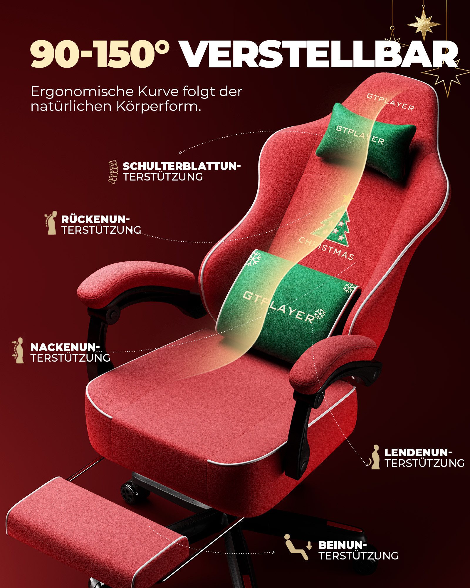 GTPLAYER Gaming-Stuhl Weihnachtsmotiv, Gaming Chair mit Fußstütze, extra breite Sitzfläche, mit Federkissen 150KG für große und kräftige Personen
