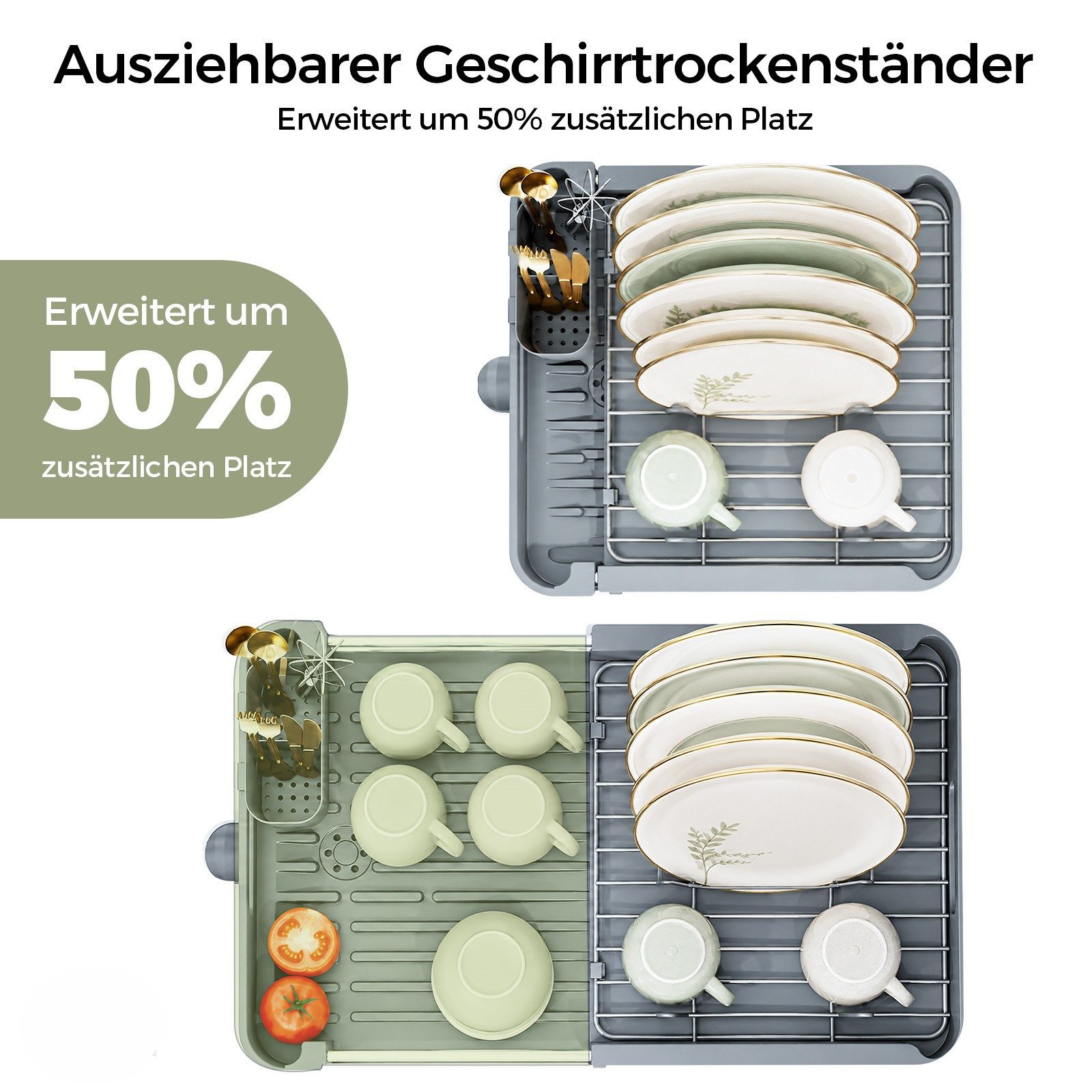 KINGRACK Geschirrständer Ausziehbarer Geschirrabtropfständer, Abtropfgestel, mit abnehmbarem Besteckhalter für Küchenarbeitsplatte – Bild 5 von 5