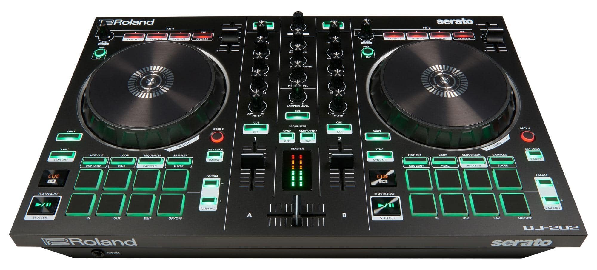 Roland DJ Controller DJ-202 - 2-Kanal-Controller für Serato Intro mit vier Decks, große Plattenteller mit minimaler Latenz, ideal zum Scratchen