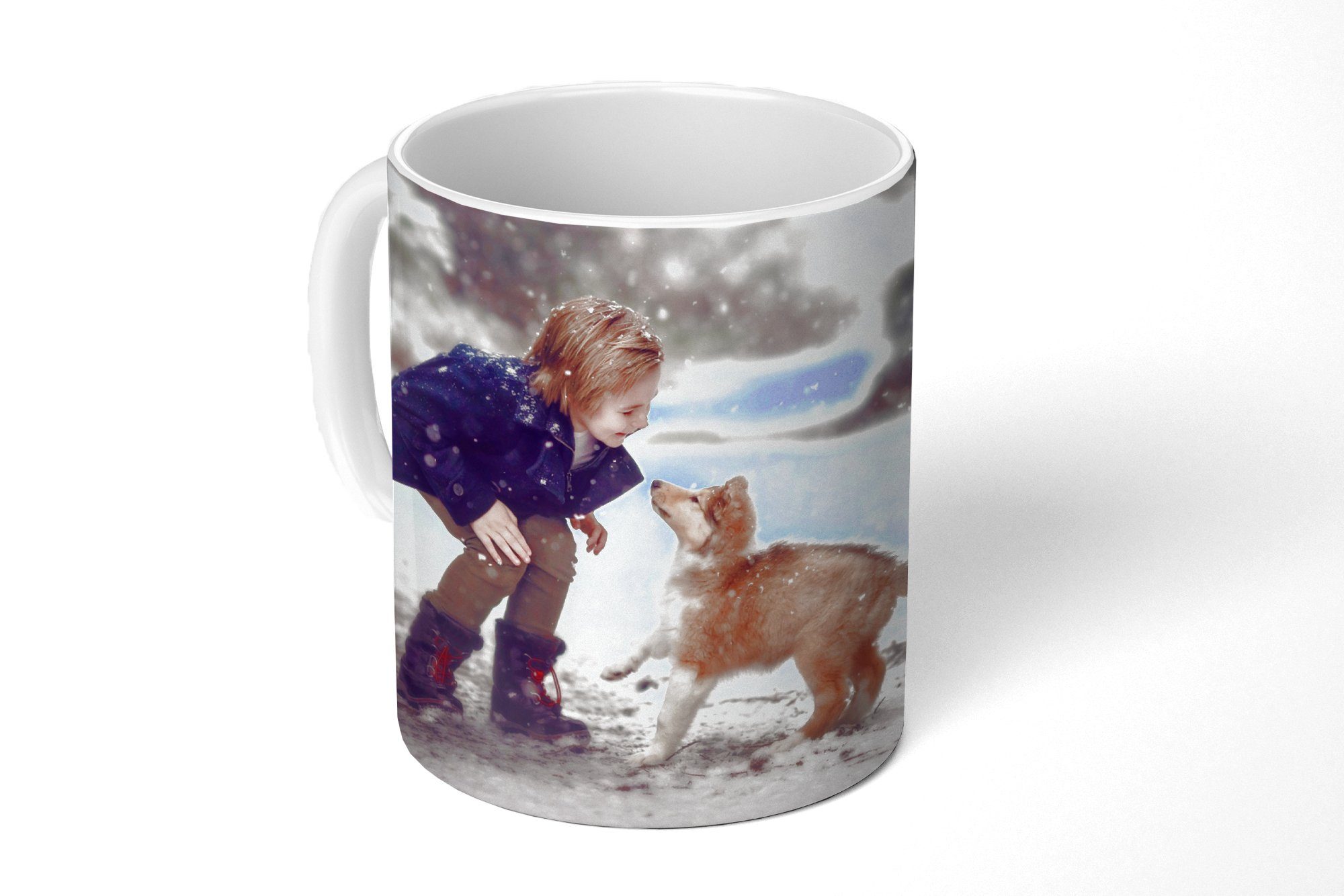 MuchoWow Tasse Hund - Kind - Schnee, Keramik, Kaffeetassen, Teetasse, Becher, Teetasse, Geschenk
