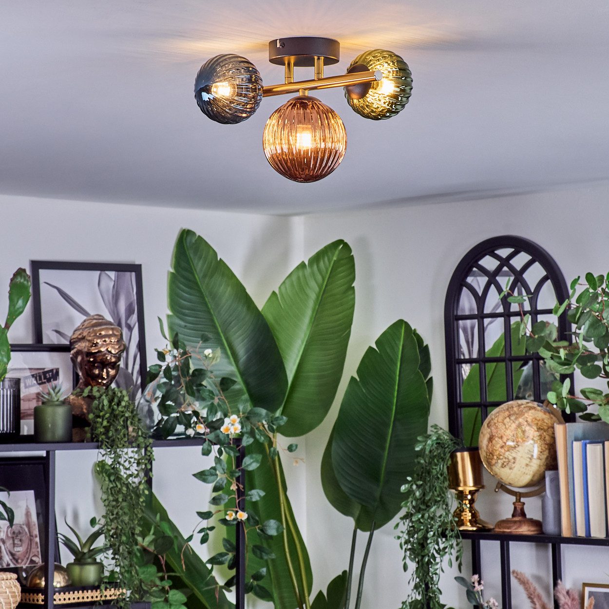 hofstein Deckenleuchte Deckenlampe aus Metall/Riffelglas in Schwarz/Gold/Blau/Grün/Kupfer, ohne Leuchtmittel, Deckenleuchte im modernen Vintage-Design (Schirme Ø 10; 12 cm), 3 x G9