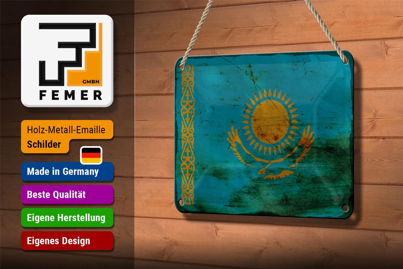 Femer GmbH Metallschild Flagge Kasachstan 18x12cm Kazakhstan Rost, (1 St), gewölbte Oberfläche, abgerundete Ecken, umgeschlagene Kanten