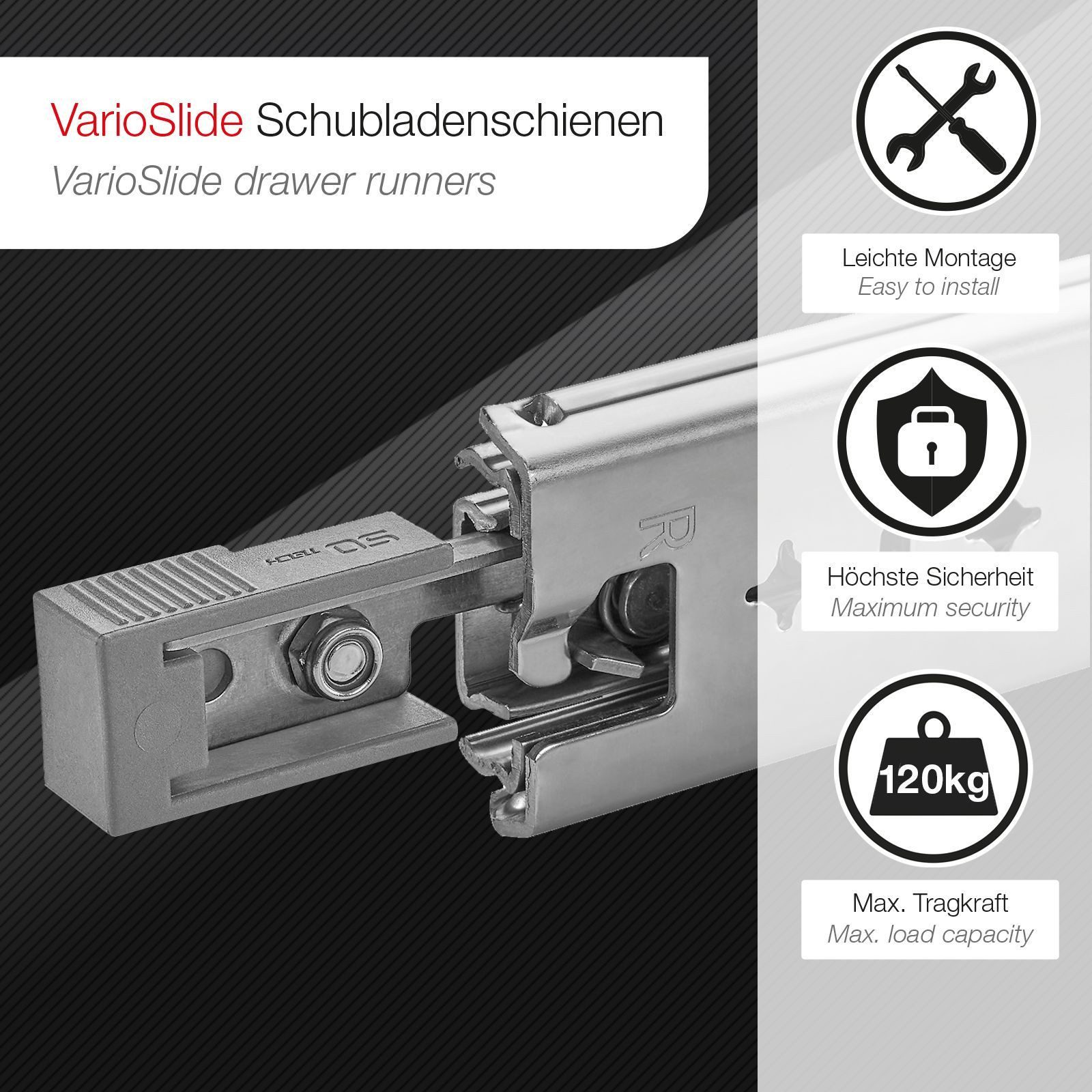 SO-TECH® Auszug Schwerlastauszug 120kg VarioSlide für Heckauszug, Hebel grau, KV1-120-H58-1200 EH 1200 mm (nicht trennbar) mit Lock-in/out