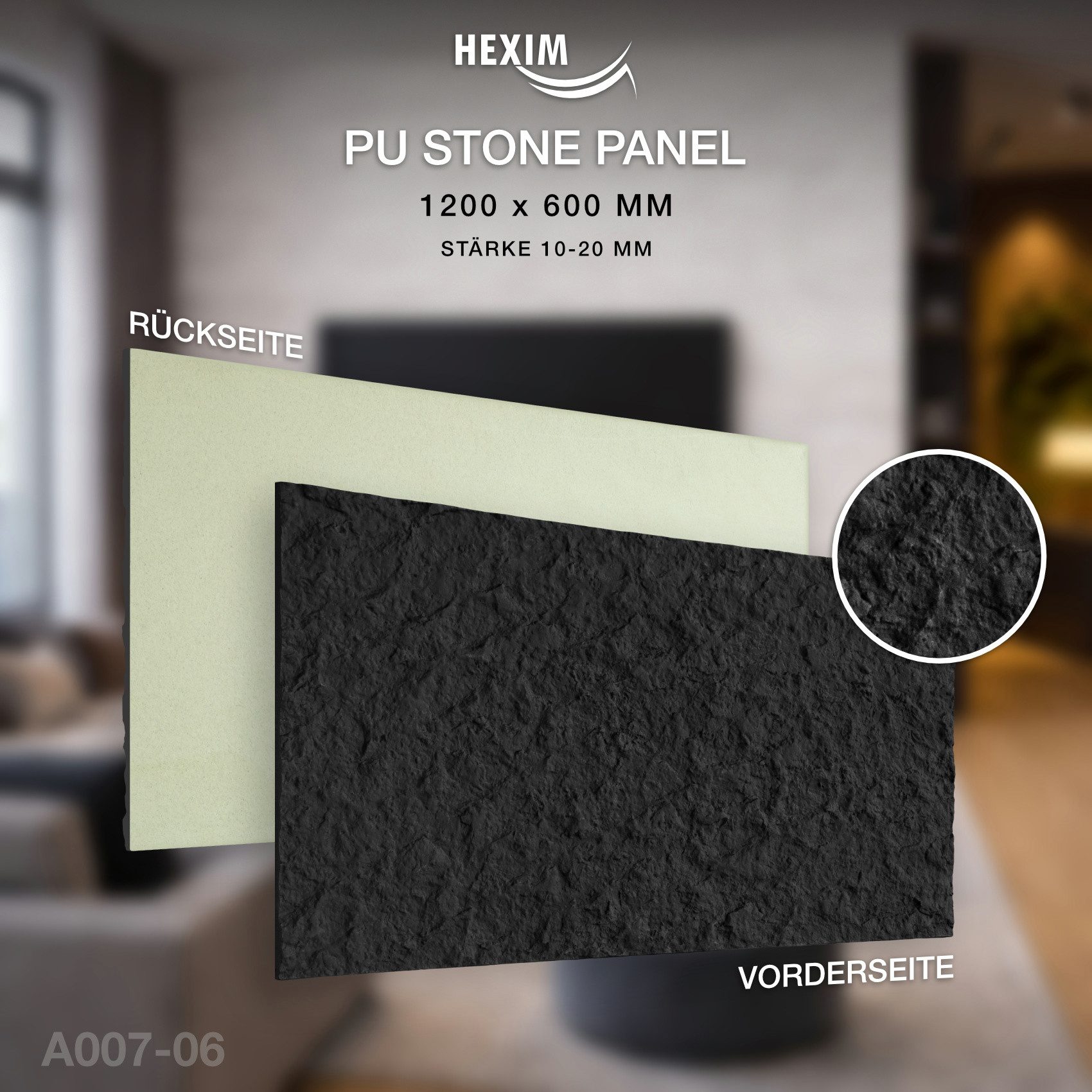 Hexim 3D Wandpaneel, (Steinoptik 2 Stück 120x60cm – Felswand PU Wandverkleidung, Täuschend echte Bruchstein 3D Paneele für Wohnzimmer – 2cm starke Steinplatte schwarz (1,44m² Dark Black)
