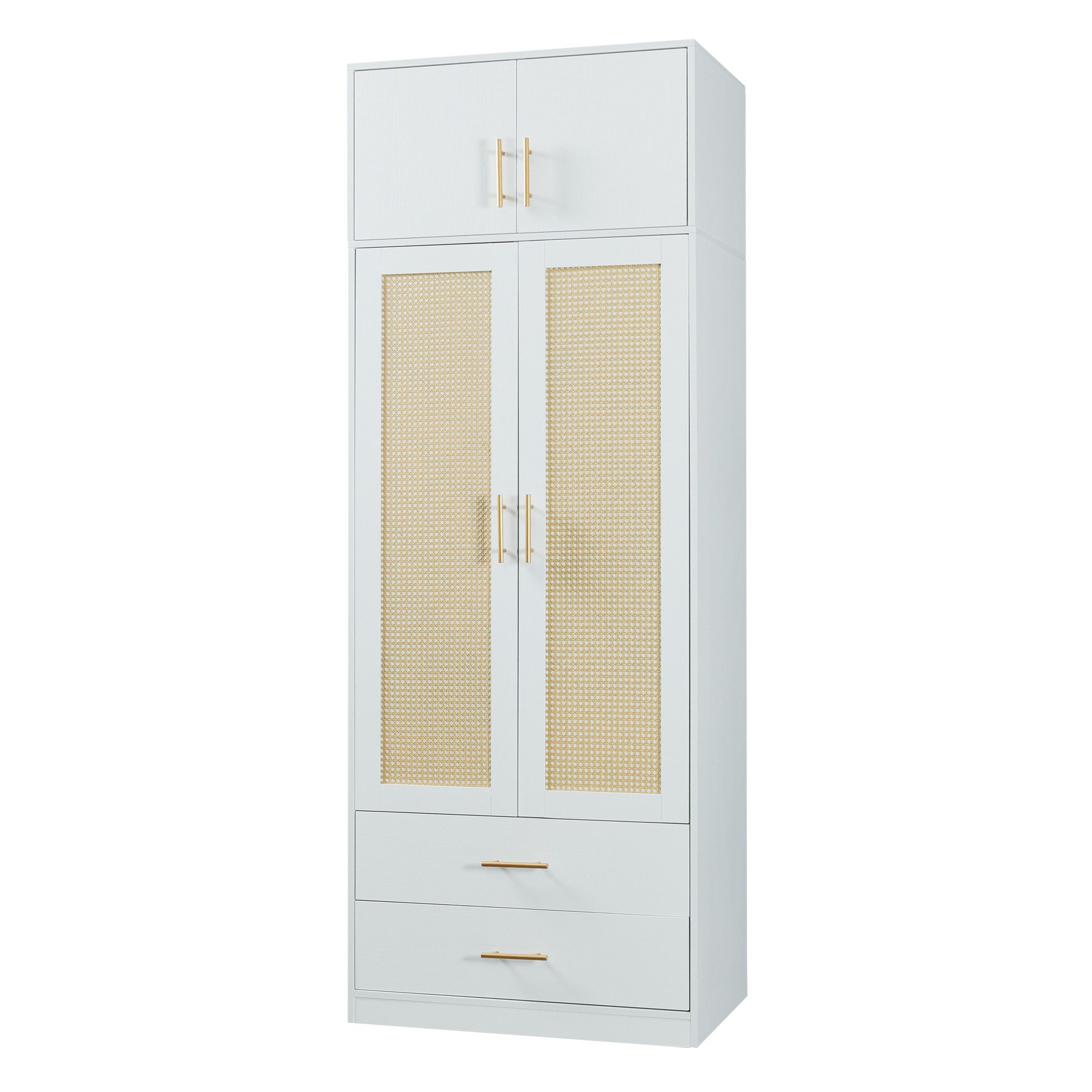en.casa Kleiderschrank »Larundi« 216 x 80 x 52 cm 4 Türen 2 Schubladen Weiß/Rattanoptik