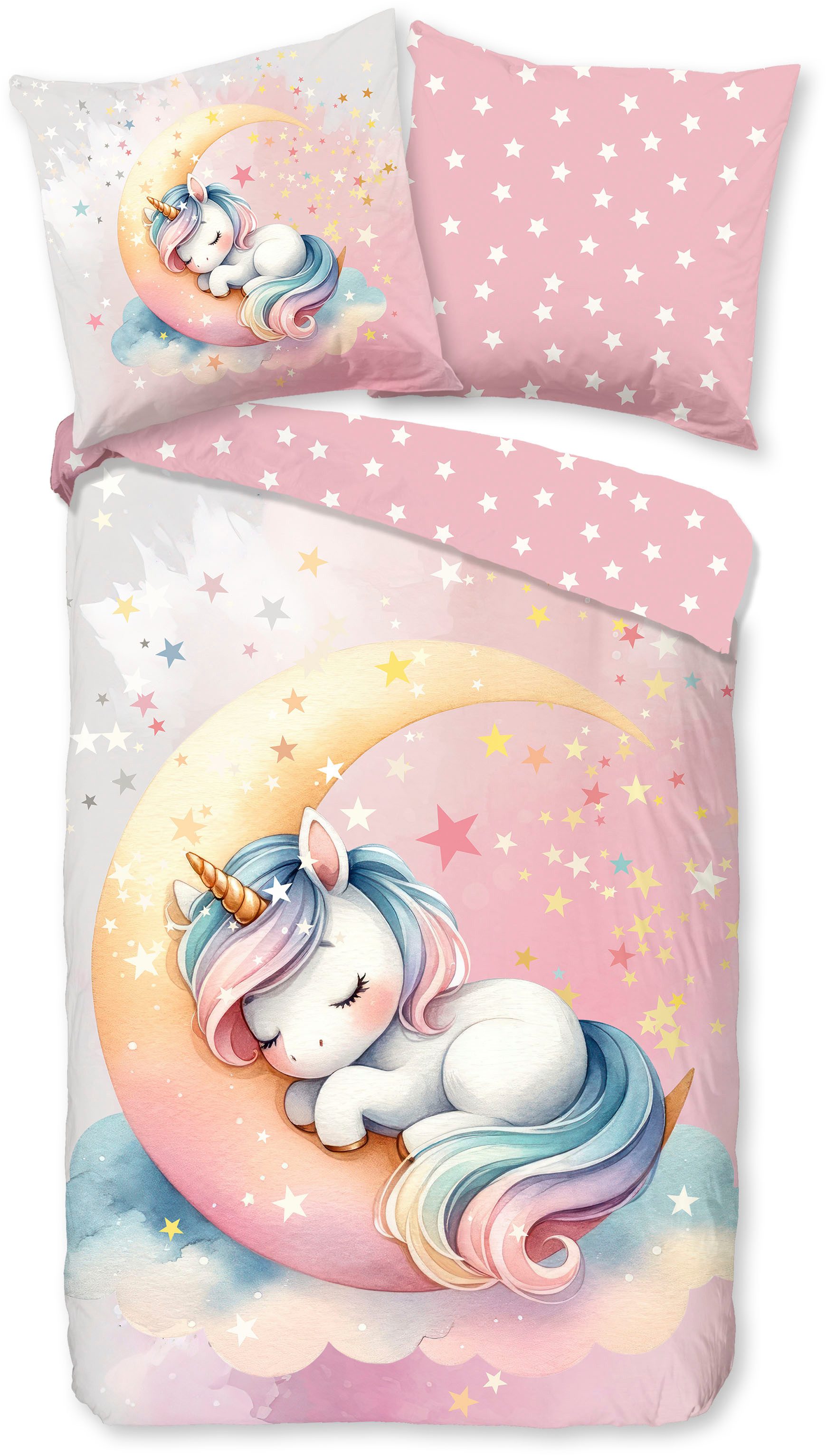 good morning Kinderbettwäsche 135x200cm Einhorn Molly, Renforcé, 2 teilig, im bunten Sternenhimmel