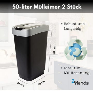 2friends Mülleimer 2 Mülleimer 50L Abfalleimer mit Schwingdeckel, aus Kunststoff, Farbe Schwarz/Silber