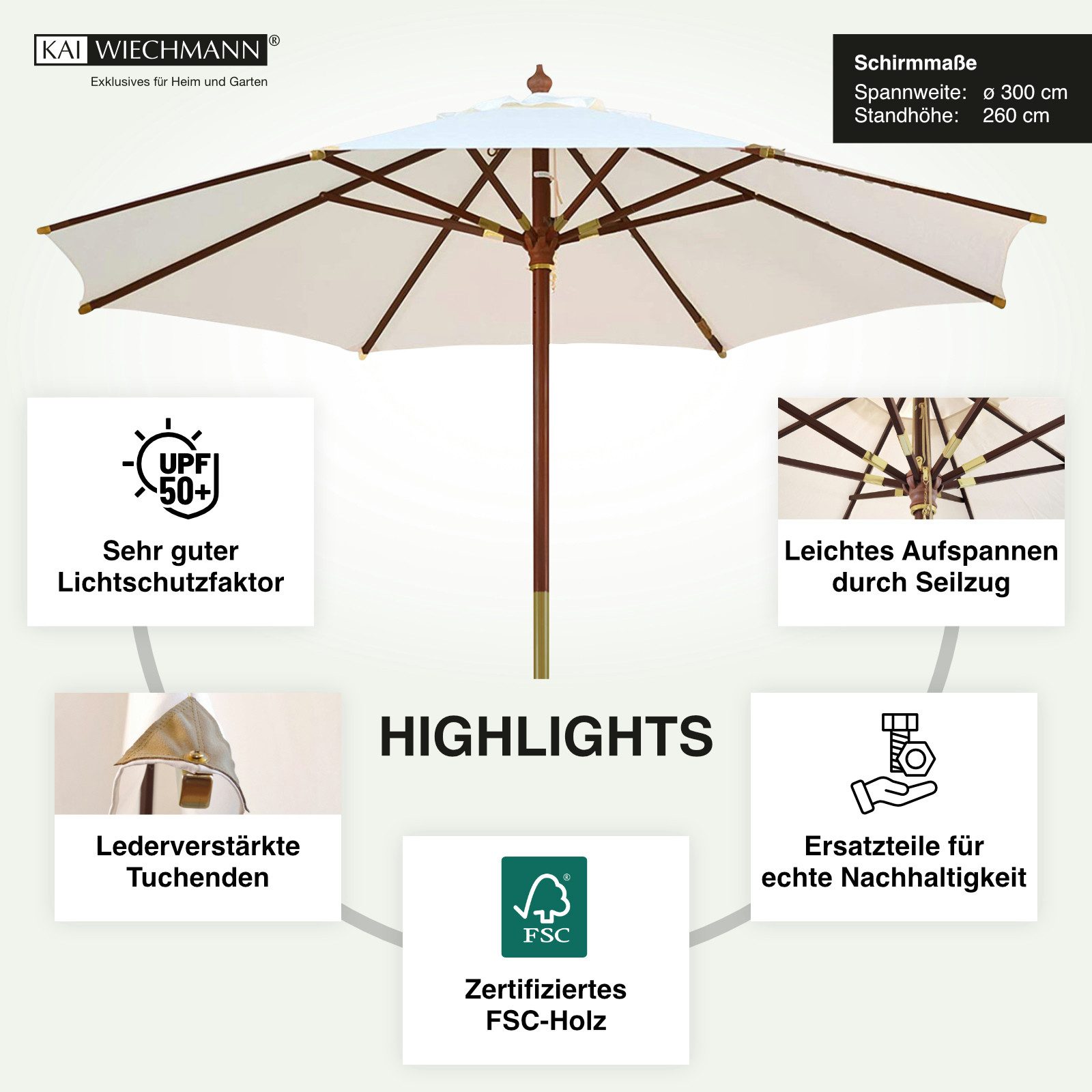 Kai Wiechmann Sonnenschirm Runder Balkonschirm 300 cm als hochwertiger Schattenspender, Gartenschirm aus Holz mit Windauslass & UPF 50+ – Bild 2 von 5