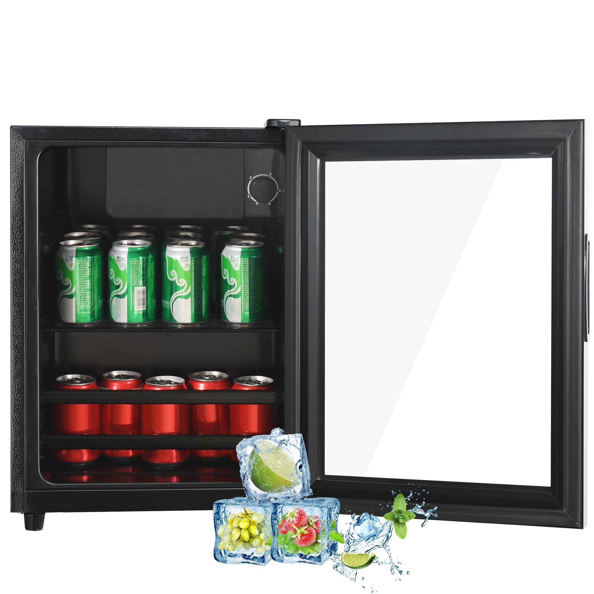 Merax Table Top Kühlschrank 55L mit Gefrierfach, Glastür, LED-Beleuchtung, Getränkekühlschrank SC-55P, 55 cm hoch, 40 cm breit, Mini Kühlschrank, Kühl- und Gefrierfunktion, freistehend