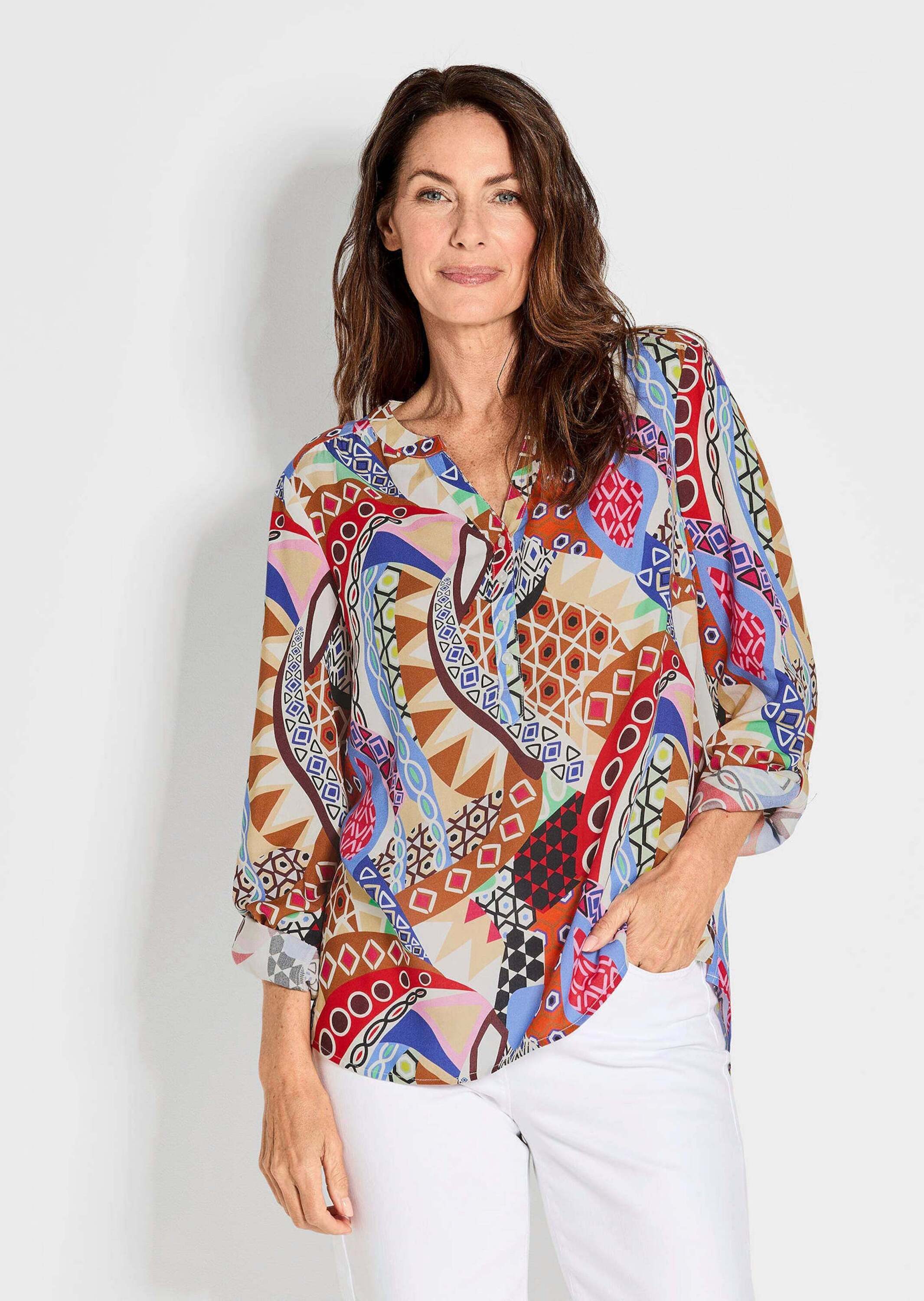 GOLDNER Schlupfbluse Florale Druckbluse mit V-Ausschnitt Viskosebluse mit Seitenschlitzen und Langarm