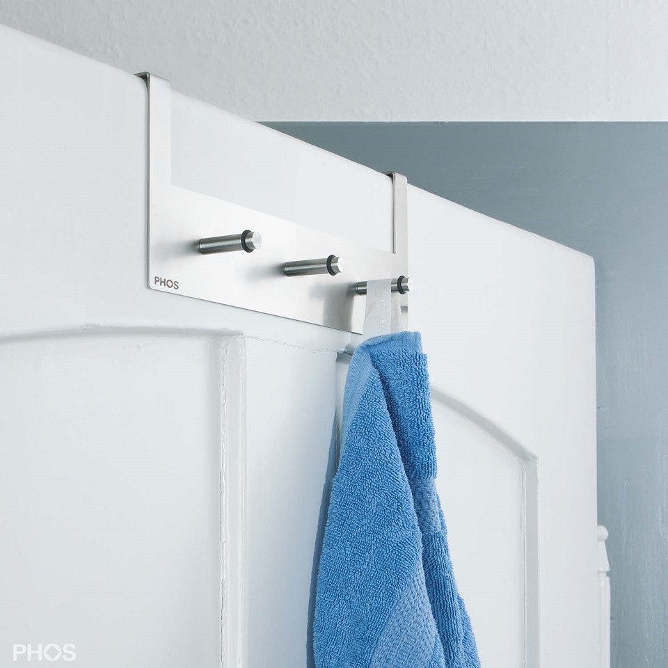 PHOS Design Hakenleiste aus Edelstahl, Handtuchhakenleiste zum Einhängen an Türfalz, (TG3-B), ohne Bohren - 100% Made in Germany