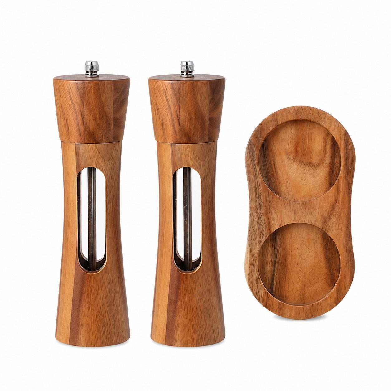 JASLIFE Salz-/Pfeffermühle Salz-/Pfeffermühlen Set mit Holzständer 2 Stück Keramikmahlwerk, (1 Stück), Keramikmahlwerk, einstellbarer Mahlgrad, Holzgehäuse