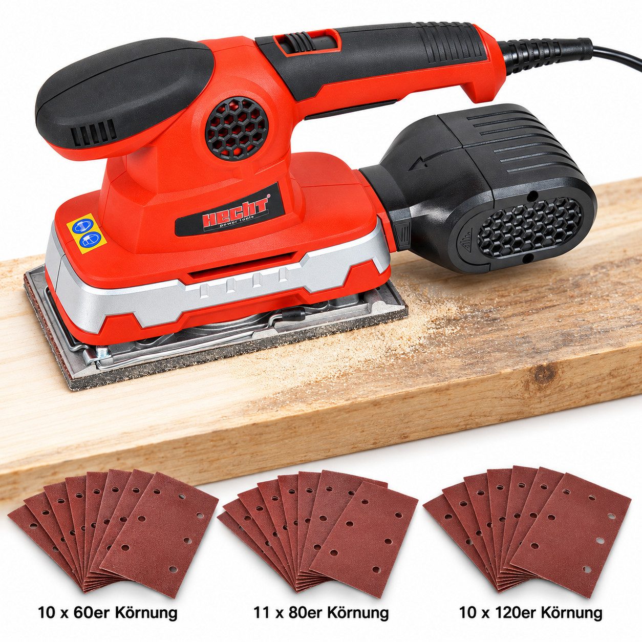 Hecht Schwingschleifer Schleifmaus mit 31er Set Schleifpapier 230V 220W, max. 24000 U/min, 24000 U/min, 90x187mm Schleiffläche, Staubabsaugung
