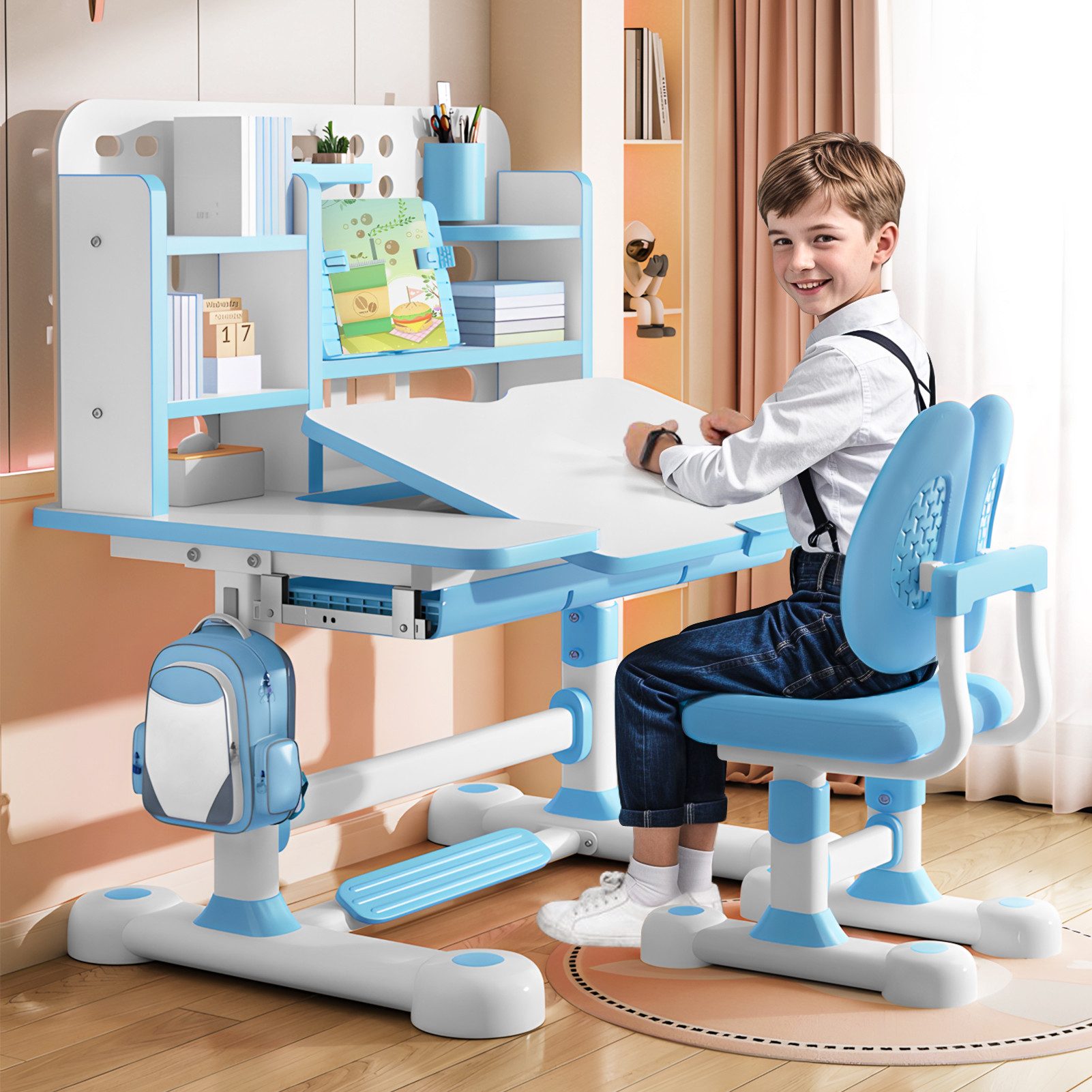 Rutaqian Kinderschreibtisch Kinder-Schreibtisch- und Stuhl-Set,Höhenverstellbar mit Sitzkorrektur (Multifunktionsschreibtisch mit Leseständer,Schublade,Rucksackhaken, 1-St., Ergonomischer Schreibtisch-Stuhl Set,Zonenförmig gestalteter Stauraum), Verstellbarer Schreibplatte, Kinder Schreibtisch für Jungs & Mädchen
