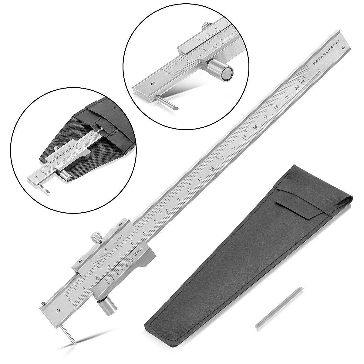 STAHLWERK Messschieber Anreiß-Messschieber Messlehre Schieblehre 0-200 mm DIN 862 mit Nonius, 0, max. 200 mm, Set, Set, Nonius-Wert von 1/20 mm