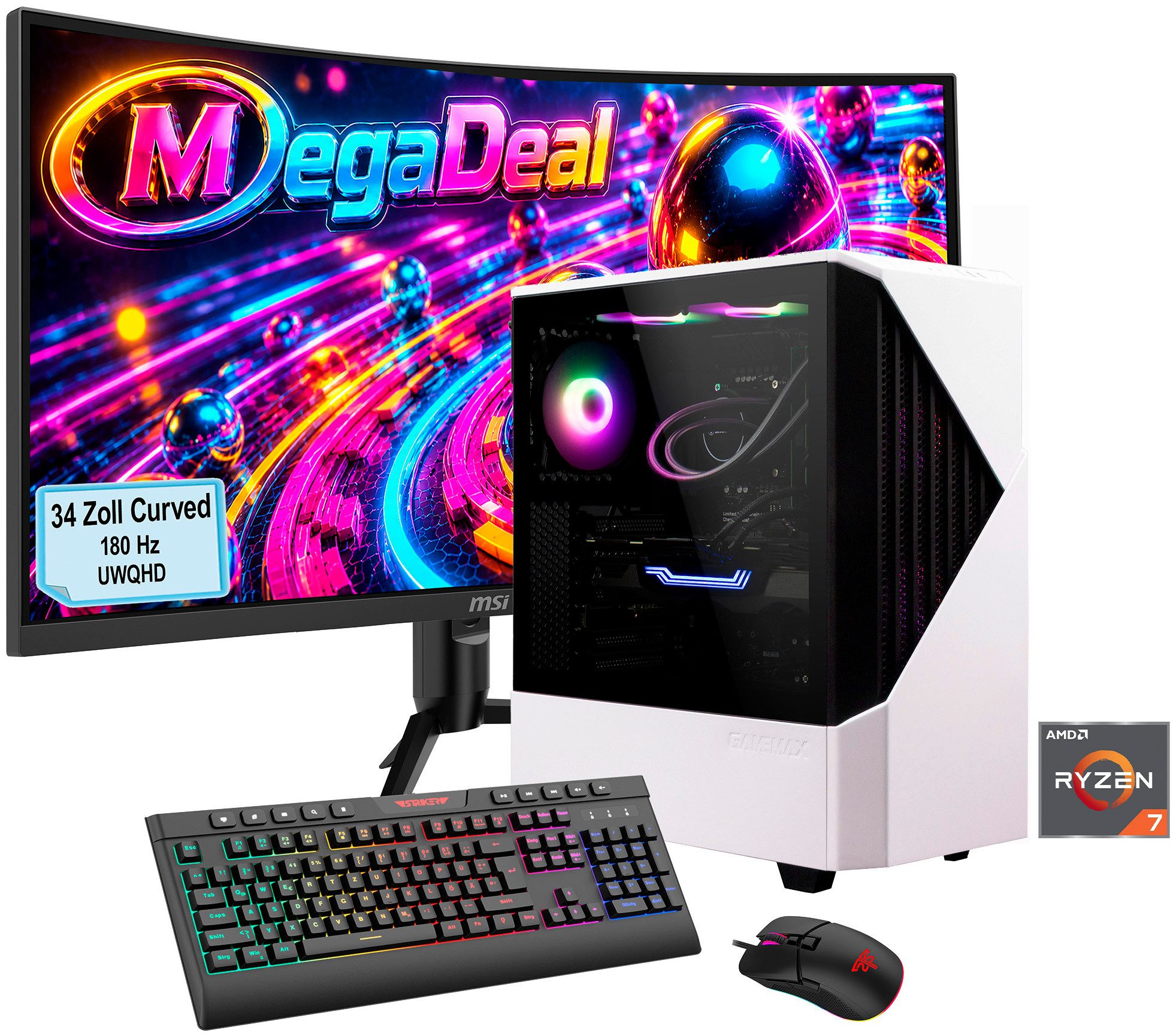 GAMEMAX MegaDeal Horizon 2840 AMD Ryzen 7 9700X 32GB DDR5 1TB SSD RTX 5070 Gaming-PC-Komplettsystem (34", AMD Ryzen 7 9700X, RTX 5070, 32 GB RAM, 1000 GB SSD, Windows 11, DDR5 RAM + MSI MAG 342CQR E2 Curved Monitor 86cm (34)