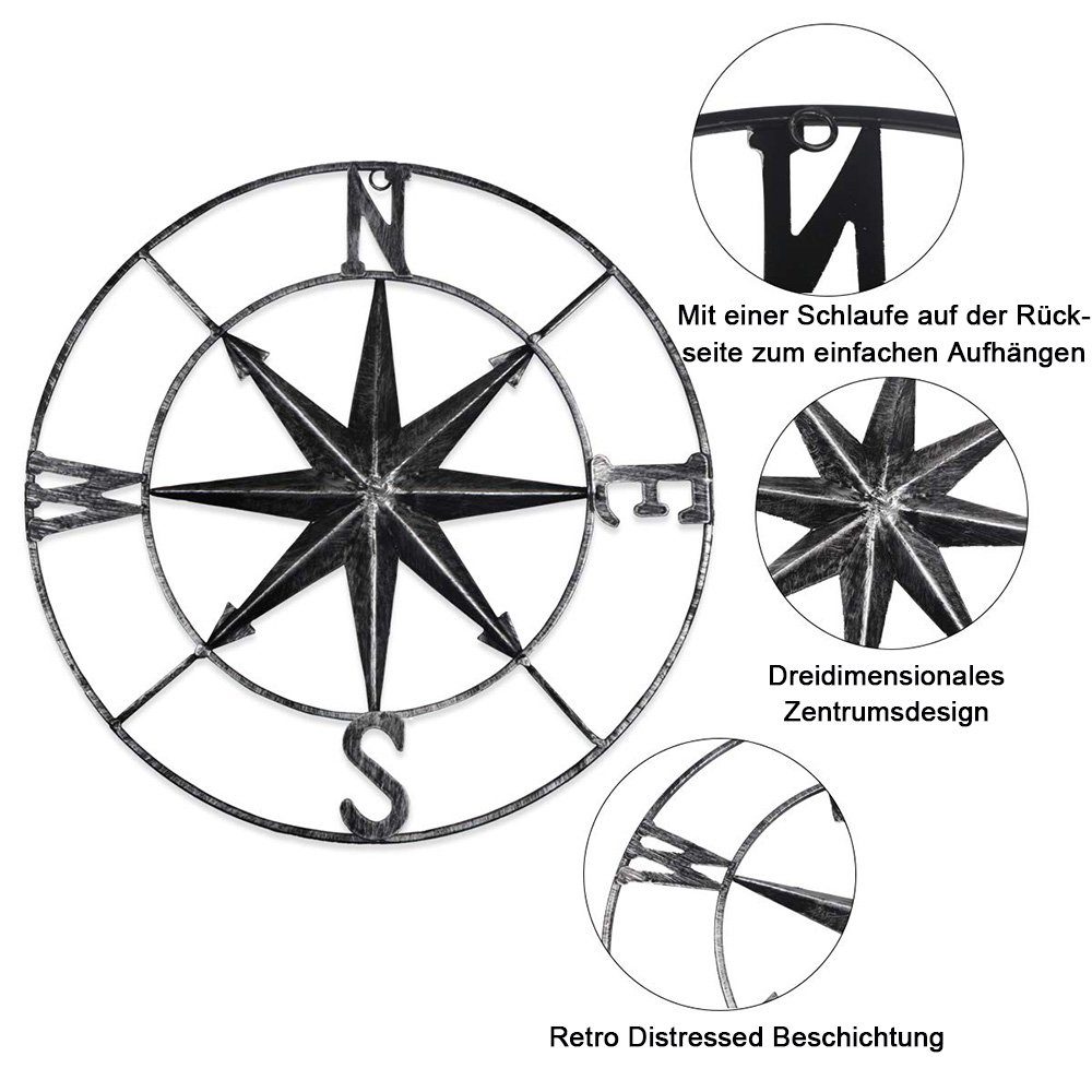 Kompass Wandbehang Metall Wanddekoobjekt NUODWELL kompass Schwarz Vintage-Stil Wanddekoration
