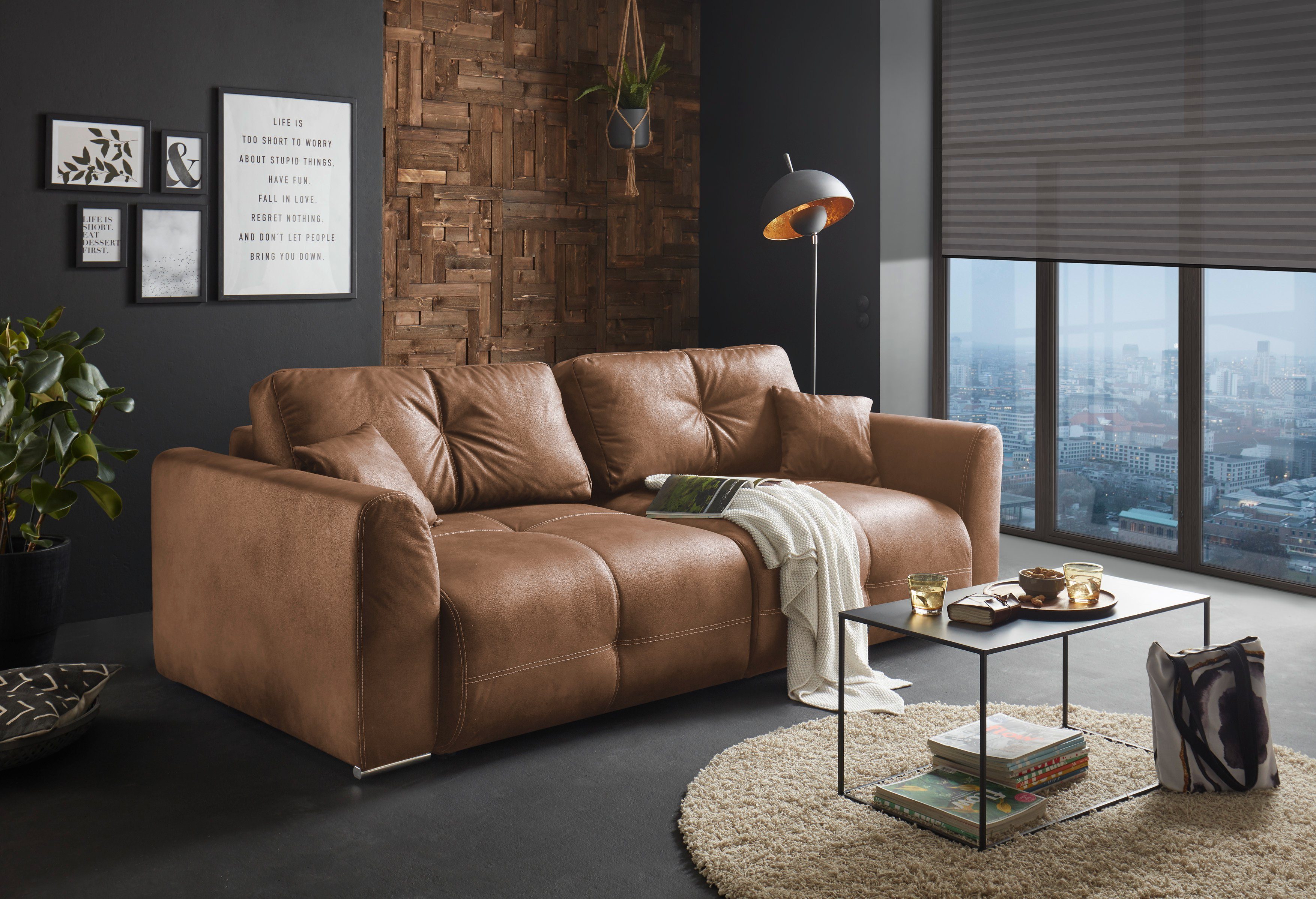 ED EXCITING DESIGN sowie Bettfunktion Dolan, Zierkissen hellbraun Bettkasten, Schlafsofa mit Rücken- und und