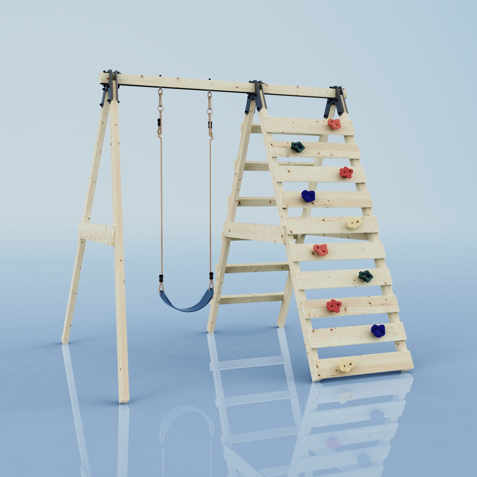 OutdoorToys Schaukelkombination Schaukel Lavendel, aus Holz mit Kletterwand in Marineblau