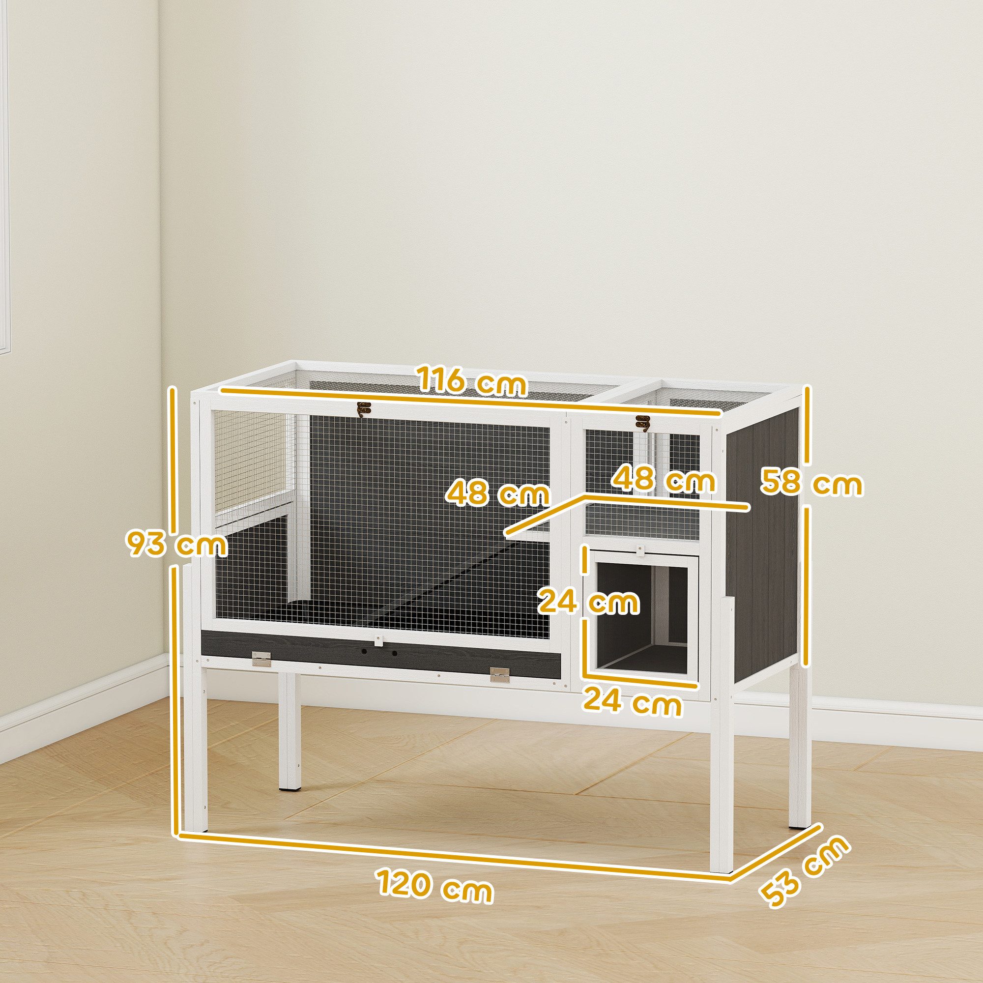PawHut Kleintierstall Kaninchenstall aus Holz mit Rampe, Eingängen, Ruheraum, für Zwergkaninchen und Meerschweinchen, Grau