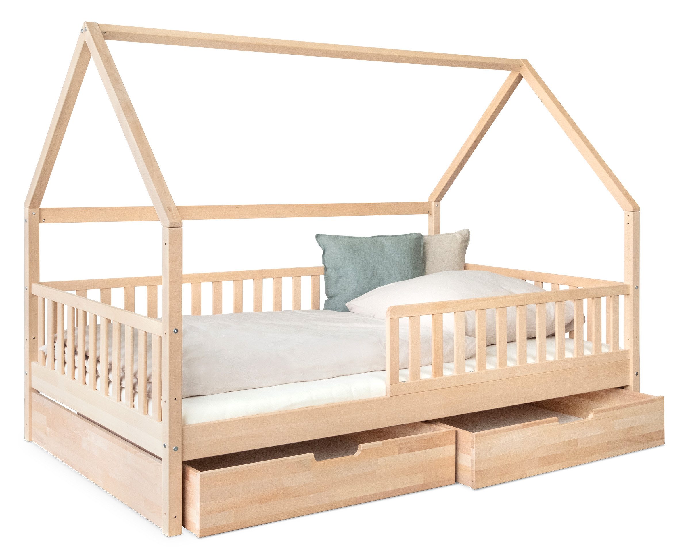 Ehrenkind Hausbett Livo aus massivem Buchenholz in verschiedenen Größen (FSC® zertifiziertMontessori Kinderbett, Jugendbett, 120x200 cm), höhenverstellbar