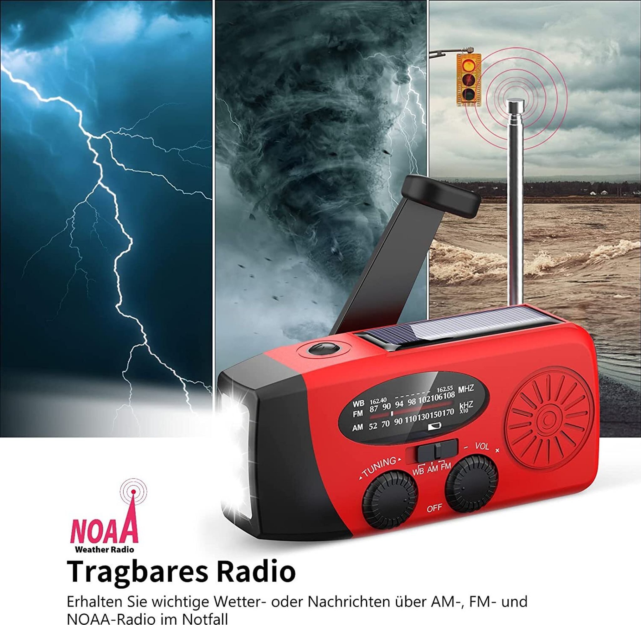 FELIXLEO Solar Kurbelradio LED Taschenlampe Notfallradio AM FM 2000mAh Akku Notfallradio