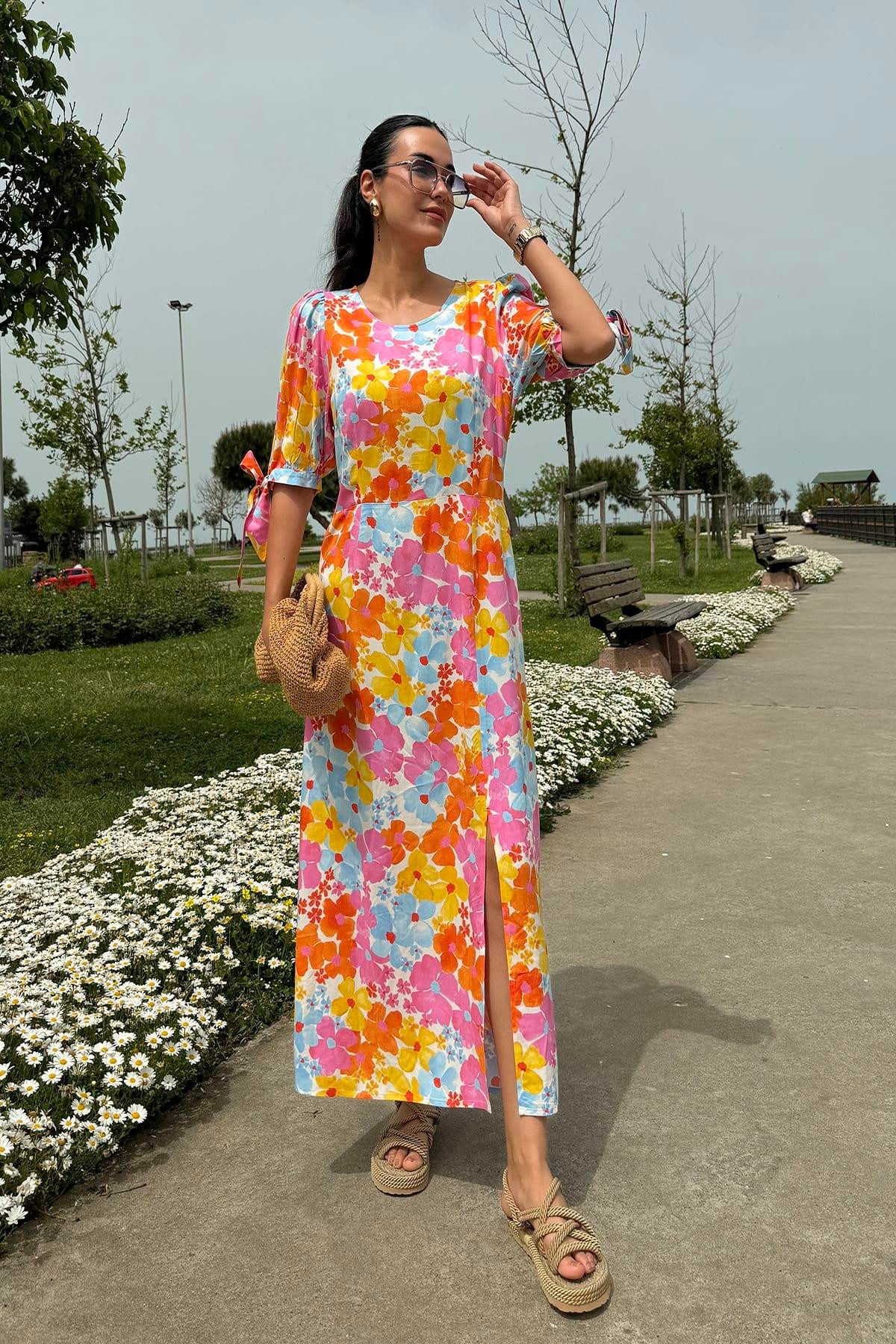 For You Moda Midikleid Natürliches Viskosemuster Split Maxikleid günstig online kaufen