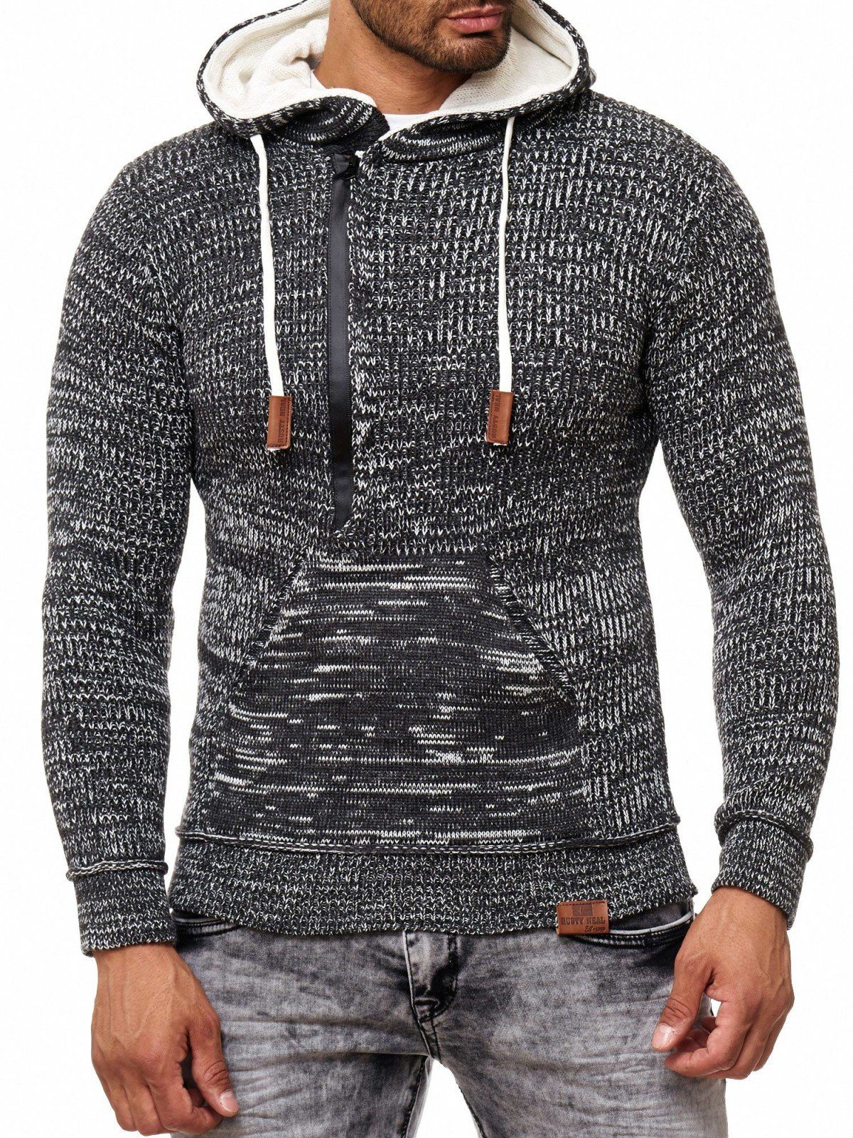 stylischem Neal Rusty Kapuzensweatshirt Ausschnitt, schöner mit Herren-Pullover Grobstrick-Optik mit