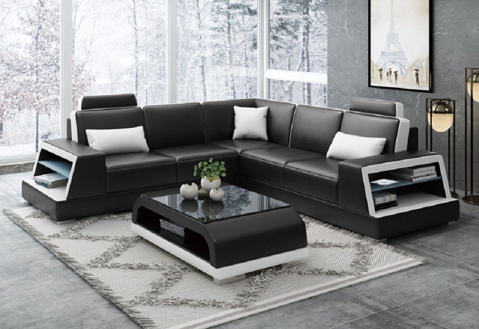 JVmoebel Ecksofa Ecksofa Ledersofa Polster Wohnlandschaft Couch Sofa, Made in Europe Schwarz/Weiß