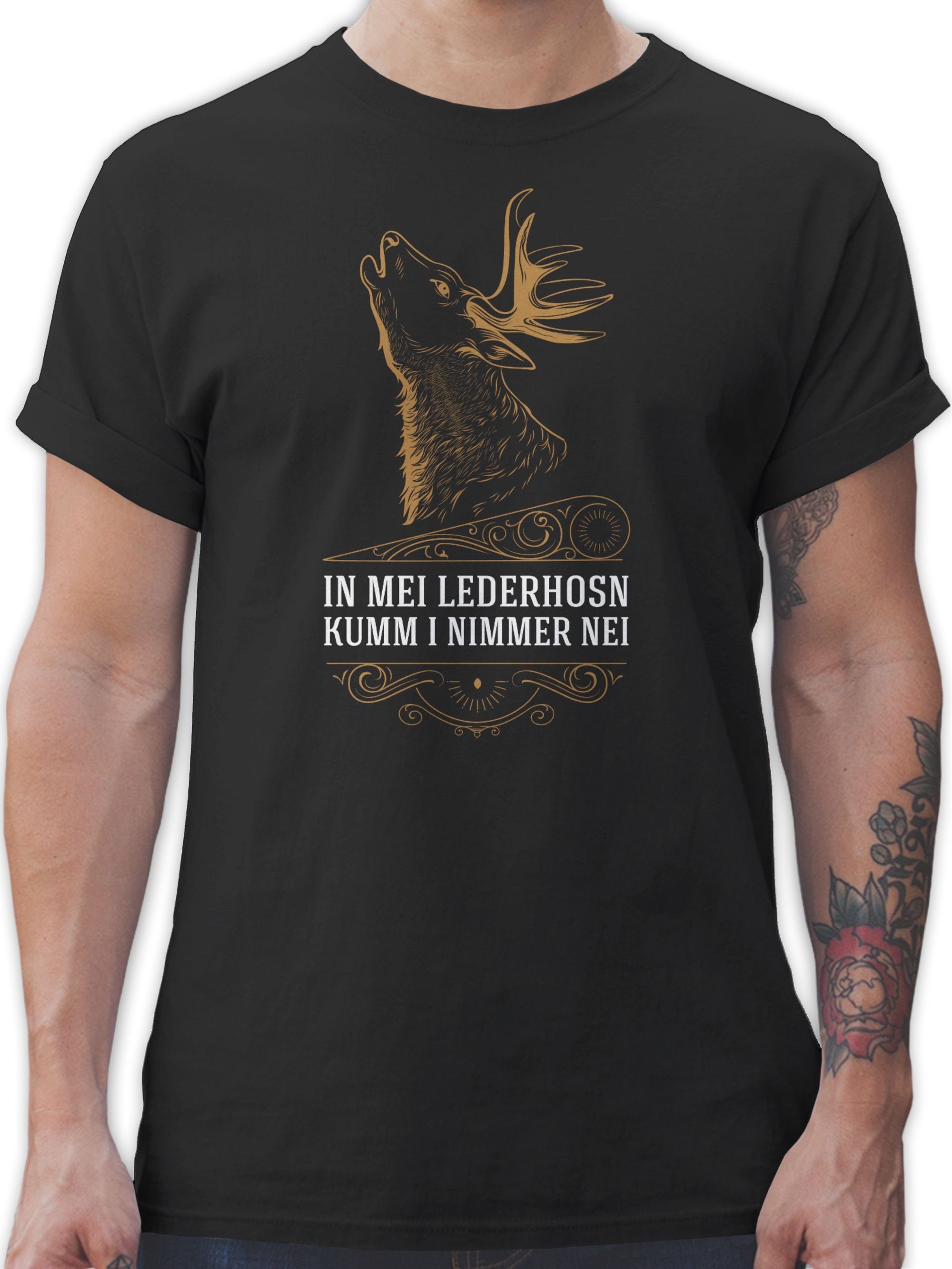 Shirtracer T-Shirt In mei Lederhosn kumm i nimmer nei - Hirsch - Spruch in Weiß Mode für Oktoberfest Herren 01 Schwarz