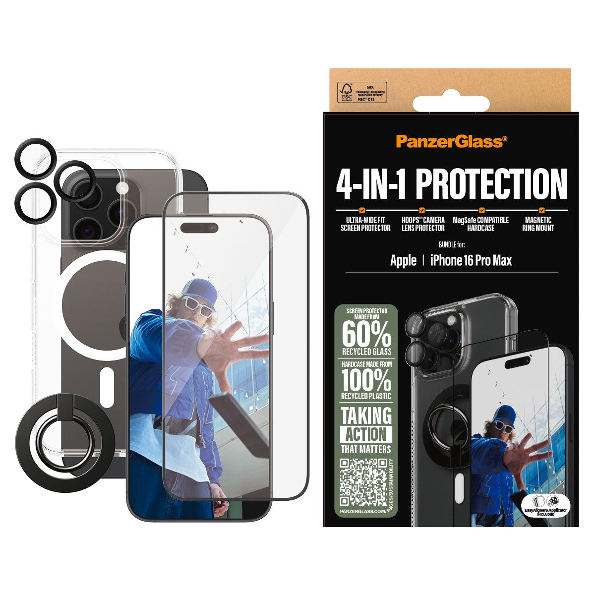 PanzerGlass Displayschutzglas 4-in-1 Protection, Glass, Hoops, Case, Ring Mount für Apple iPhone 16 Pro Max, Displayschutzfolie, Schutzfolie, Bildschirmschutz, kratz- & stoßfest