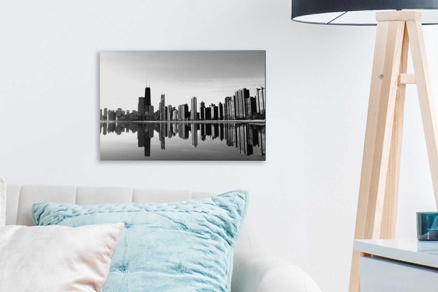 und weiß, St), von schwarz - Aufhängefertig, cm Wanddeko, (1 OneMillionCanvasses® Leinwandbild Chicago 30x20 Wandbild Skyline Leinwandbilder,
