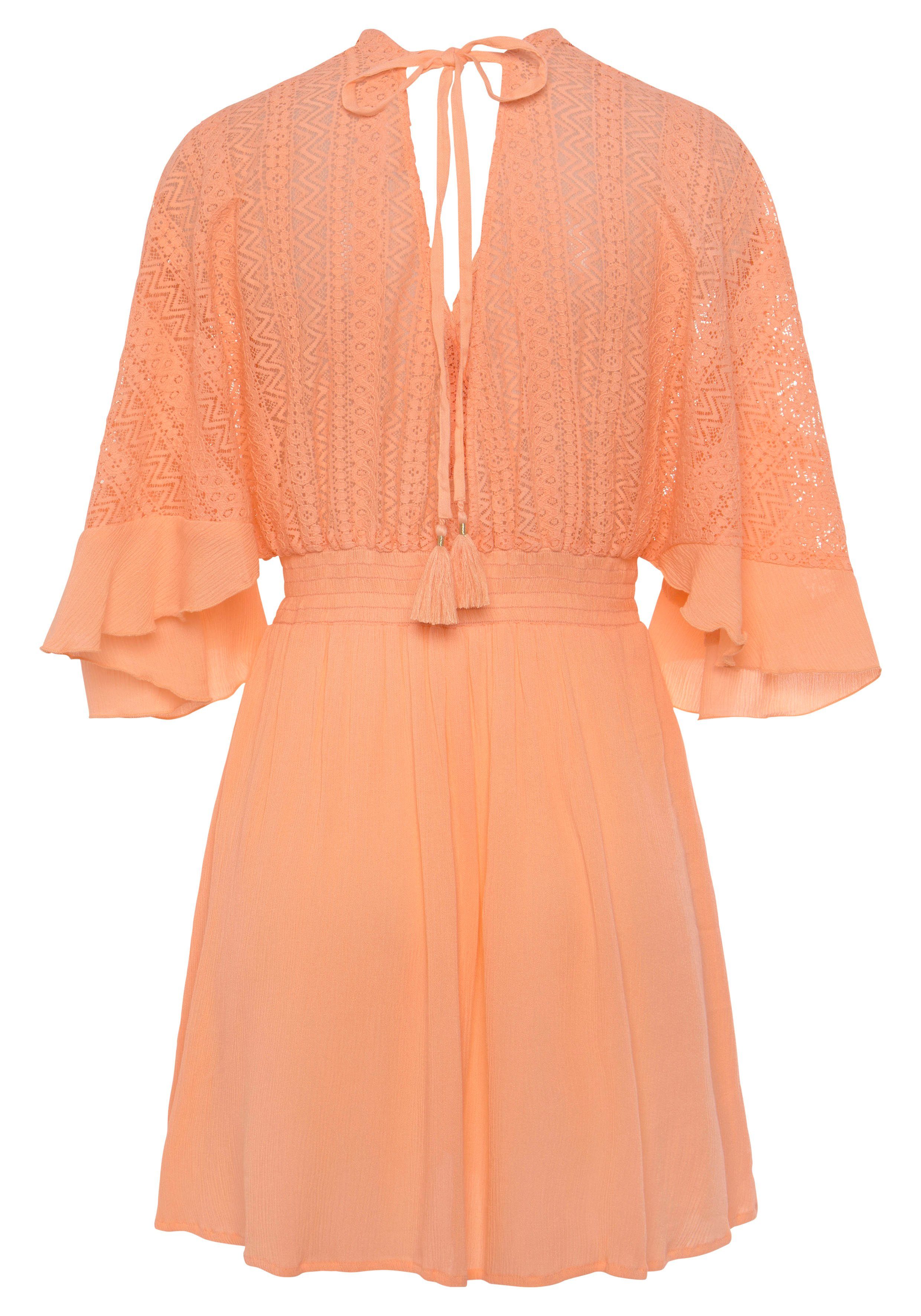 LASCANA Tunikakleid mit weiten Ärmeln, Oberteil aus Spitze, aus leichtem Viskose-Crepe Beachkleid, luftiges Strandkleid, Minikleid, Boho-Kleid, Festival