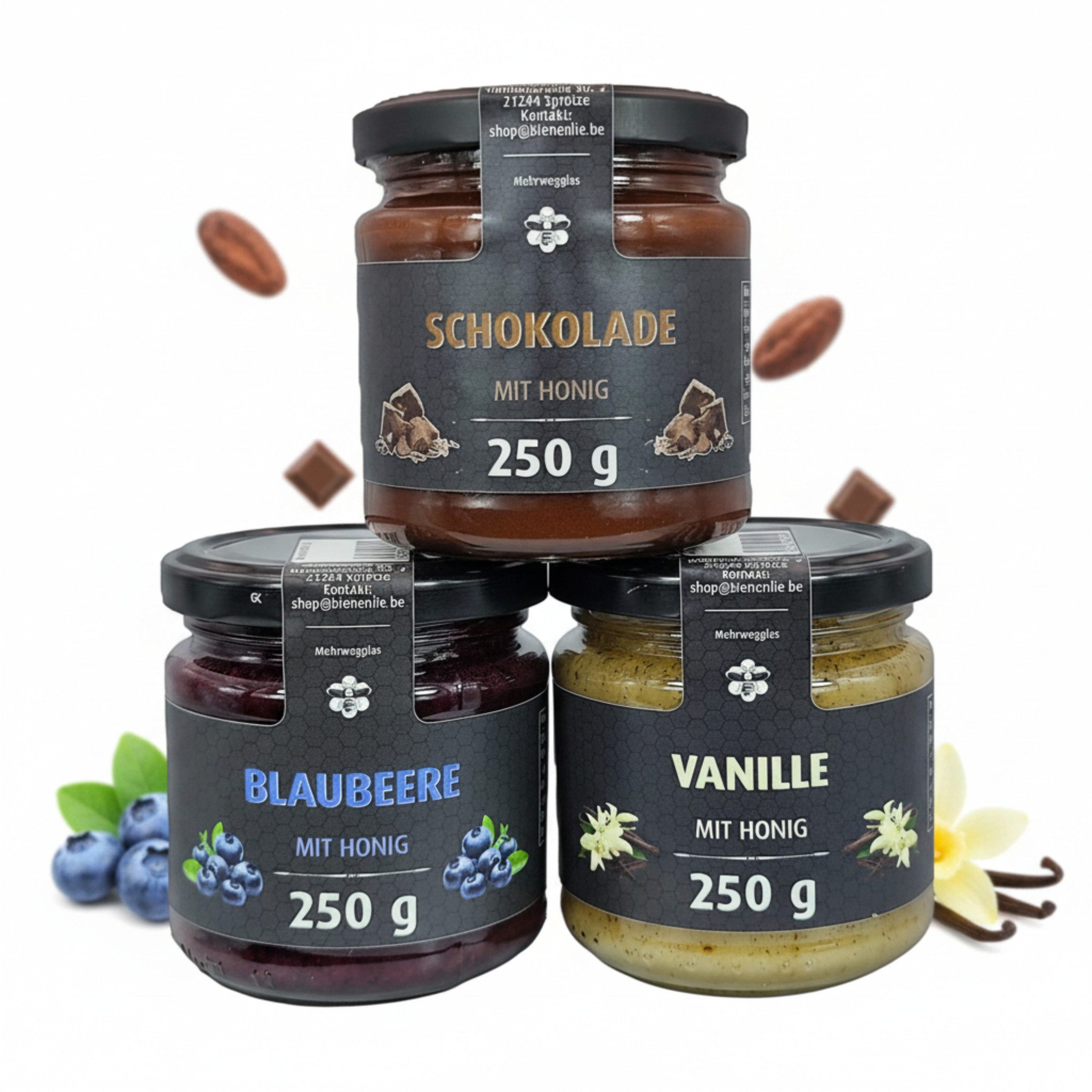 Imkerei BienenLie.be Honig Honig mit Frucht 3er-Set – Schokolade, Blaubeere & Vanille, 3 × 250g, 3 St. (Spar-Set), cremig und streichzarter Brotaufstrich direkt vom Imker