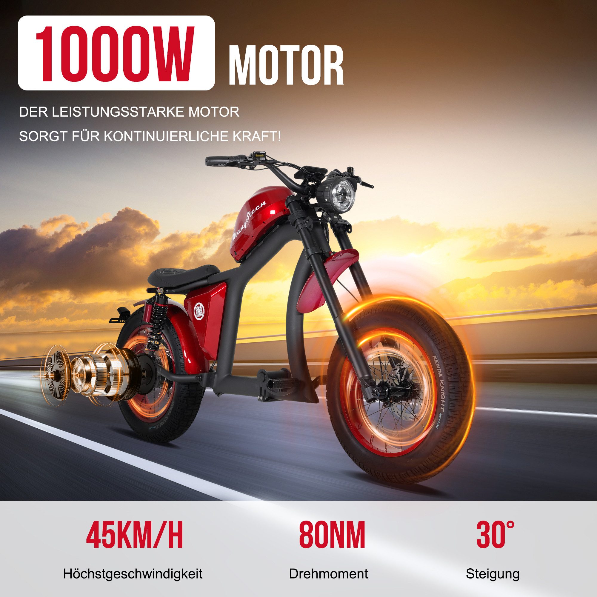 Vankel E-Scooter FT02-EEC 48V 1000W Motor 30AH 45km/h Up to 75km, 45 km/h, 75 km range, disc brakes, front and rear shock absorbers