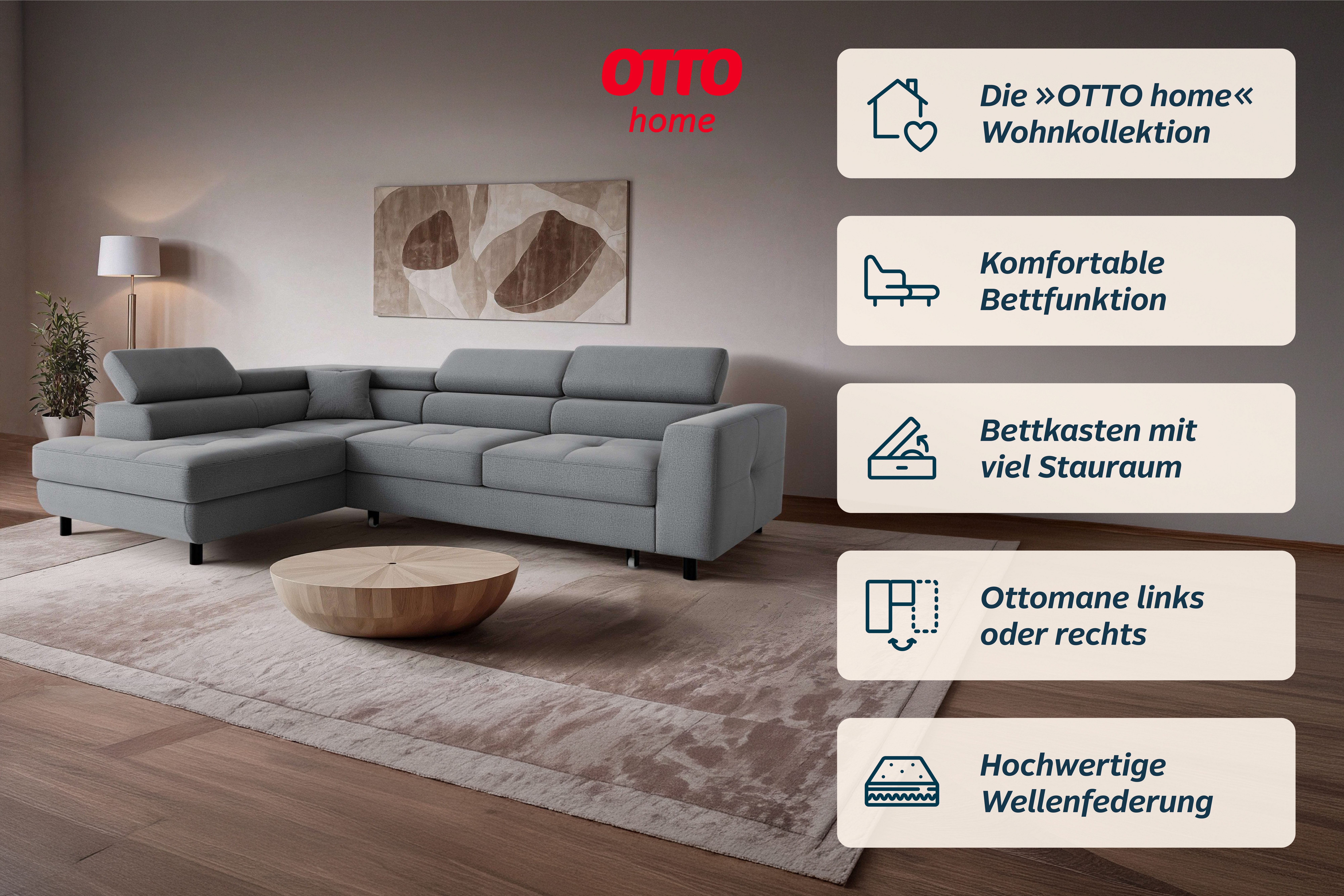 OTTO home Ecksofa AADEN Schlafsofa 254 cm - OTTO. Verlässliche Qualität., mit Bettfunktion, Bettkasten, Kopfstützen, rechts/links bestellbar – Bild 3 von 5
