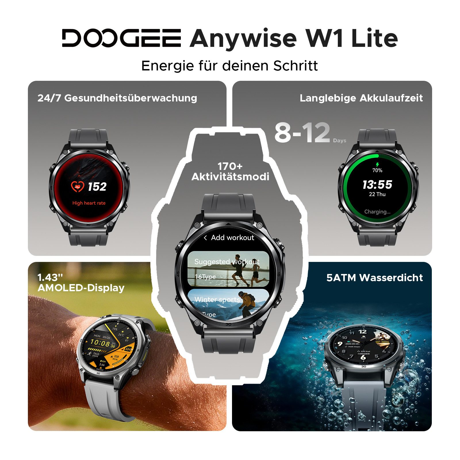 DOOGEE ANYWISE W1 LITE Smartwatch 1,43" AMOLED, 5ATM, Fitness & Sport Smartwatch, 170+ Modi, Herzfrequenz, SpO2, Schlaf, Anrufe, 12 Tage Akku
