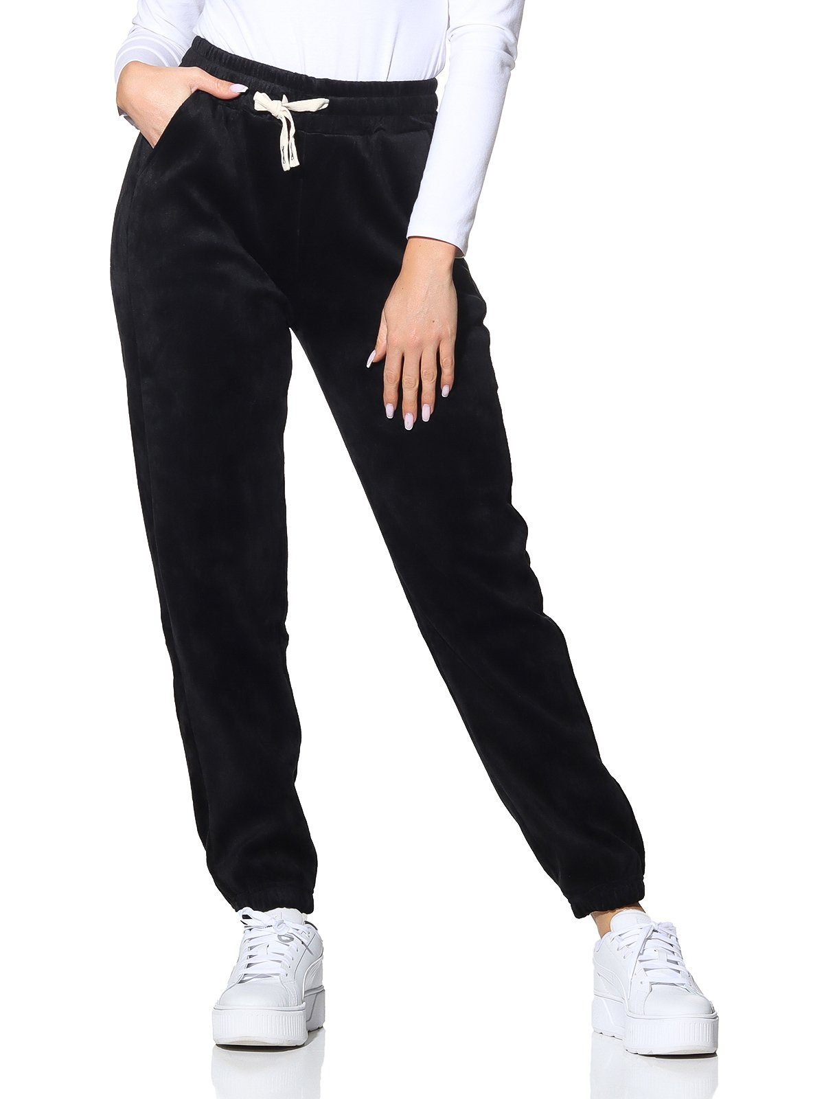 Aurela Damenmode Jogginghose Thermo- Freizeithose chillige Samt Hose Polarfleece Indoor & Outdoor Seitentaschen, Kordelzug, Gefüttert, Elastisch Schwarz