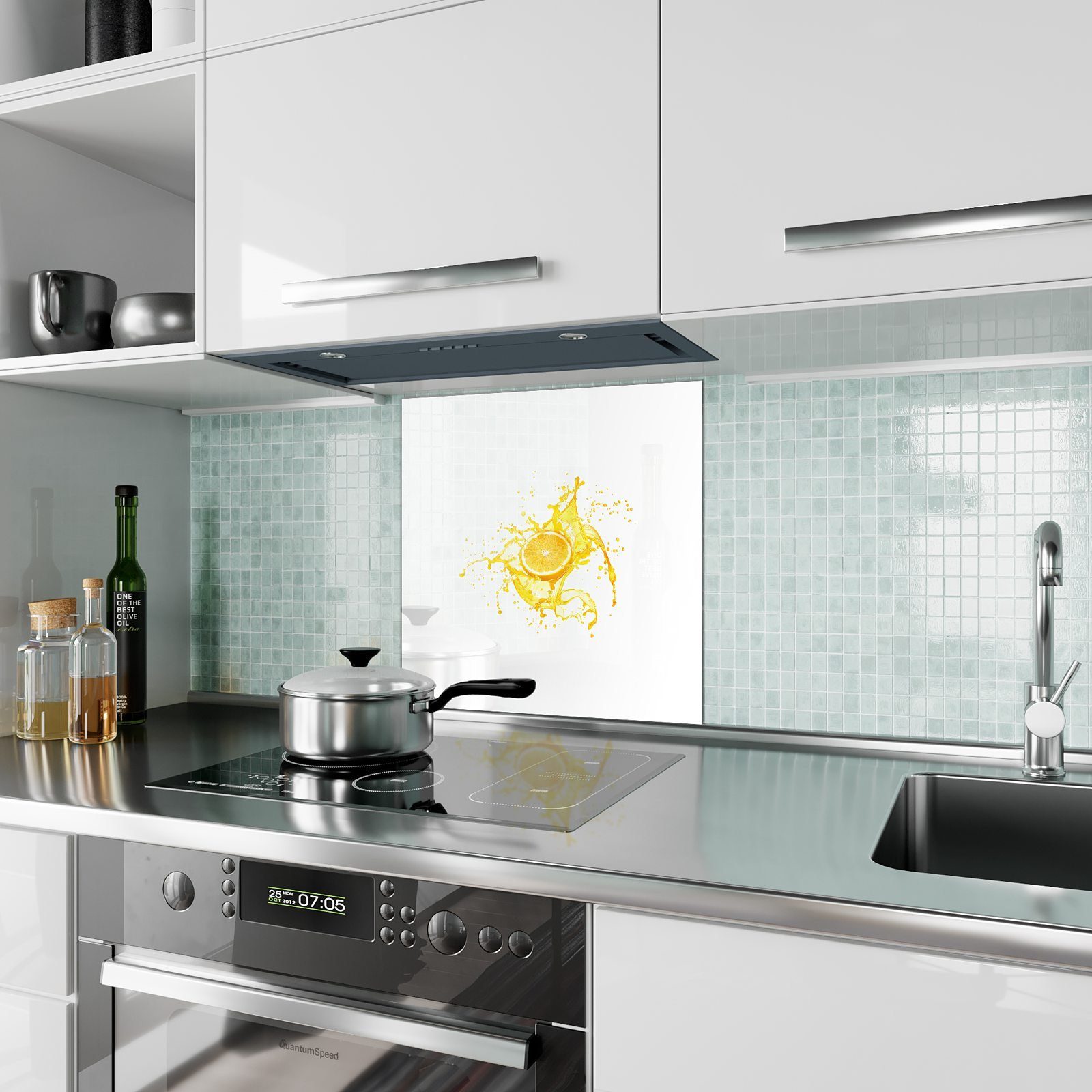 Primedeco Küchenrückwand Küchenrückwand mit Motiv Glas Spritzschutz Orangensaft