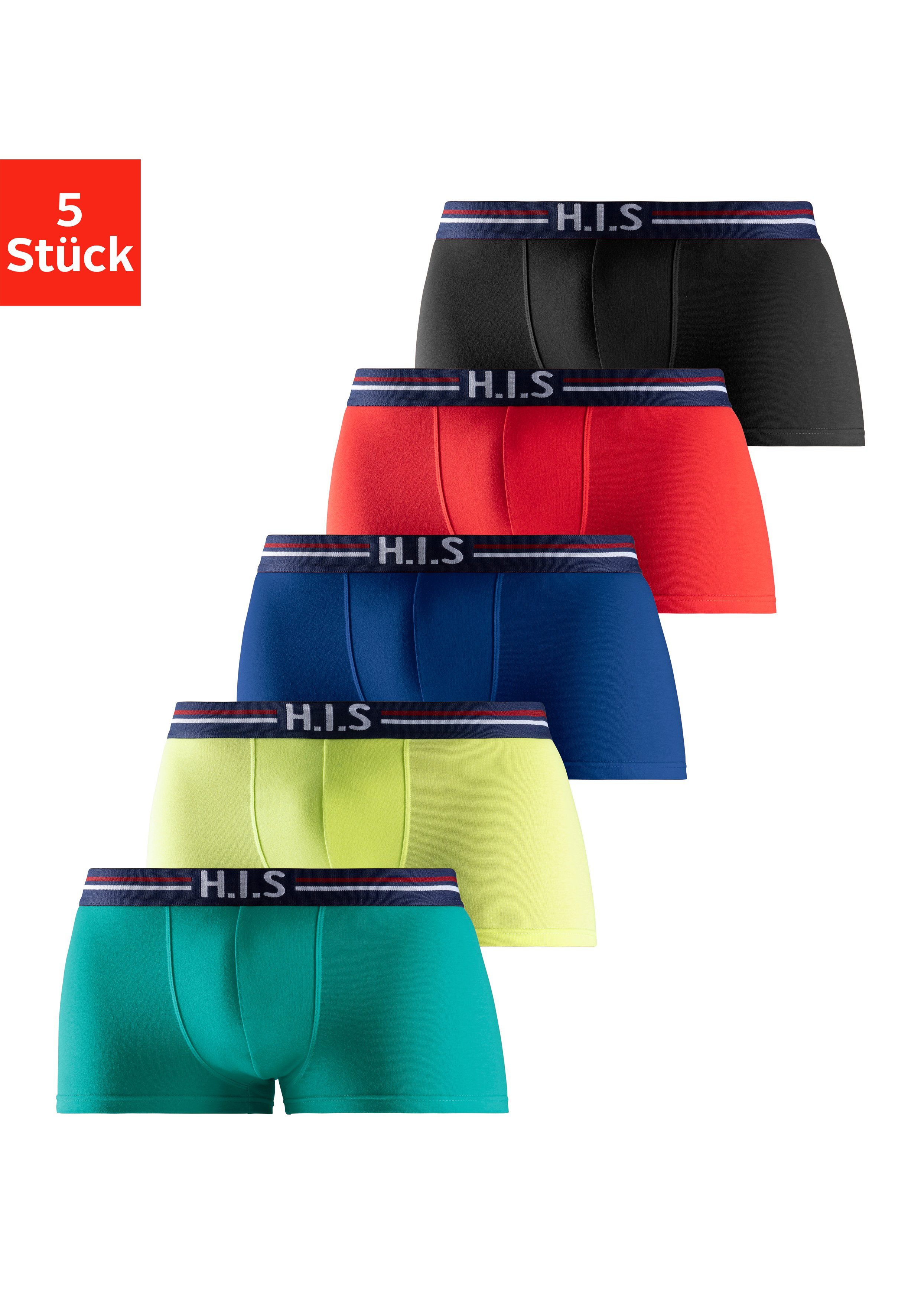 H.I.S Boxershorts (Packung, 5-St) rot, in schwarz lime, Hipster-Form grün, mit Streifen Bund im blau, Markenlogo und