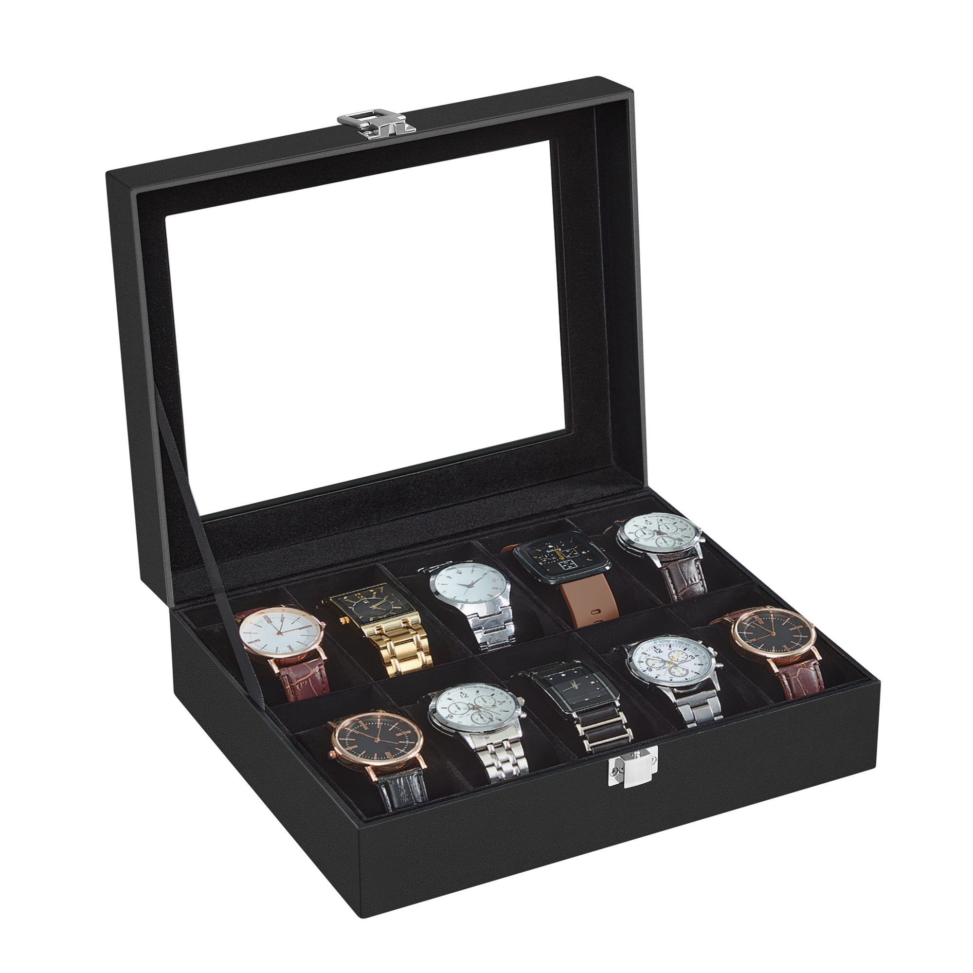 SONGMICS Uhrenbox Uhrenkasten, mit 10 Fächern, mit Glasdeckel, Samtfutter